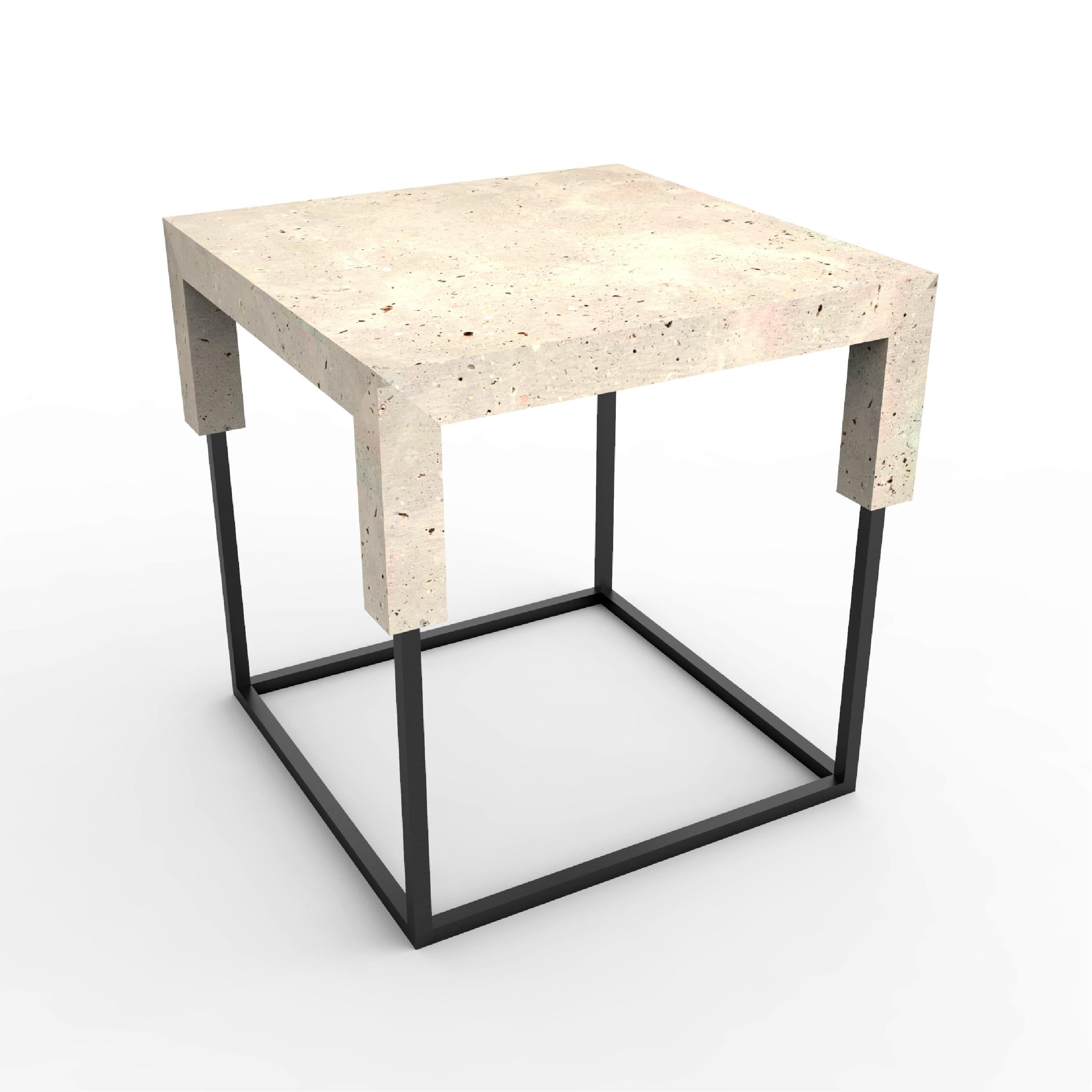 Métal Tossa Marble Design Side Table Campaspero Limestone & Black Iron Bespoke Table en vente