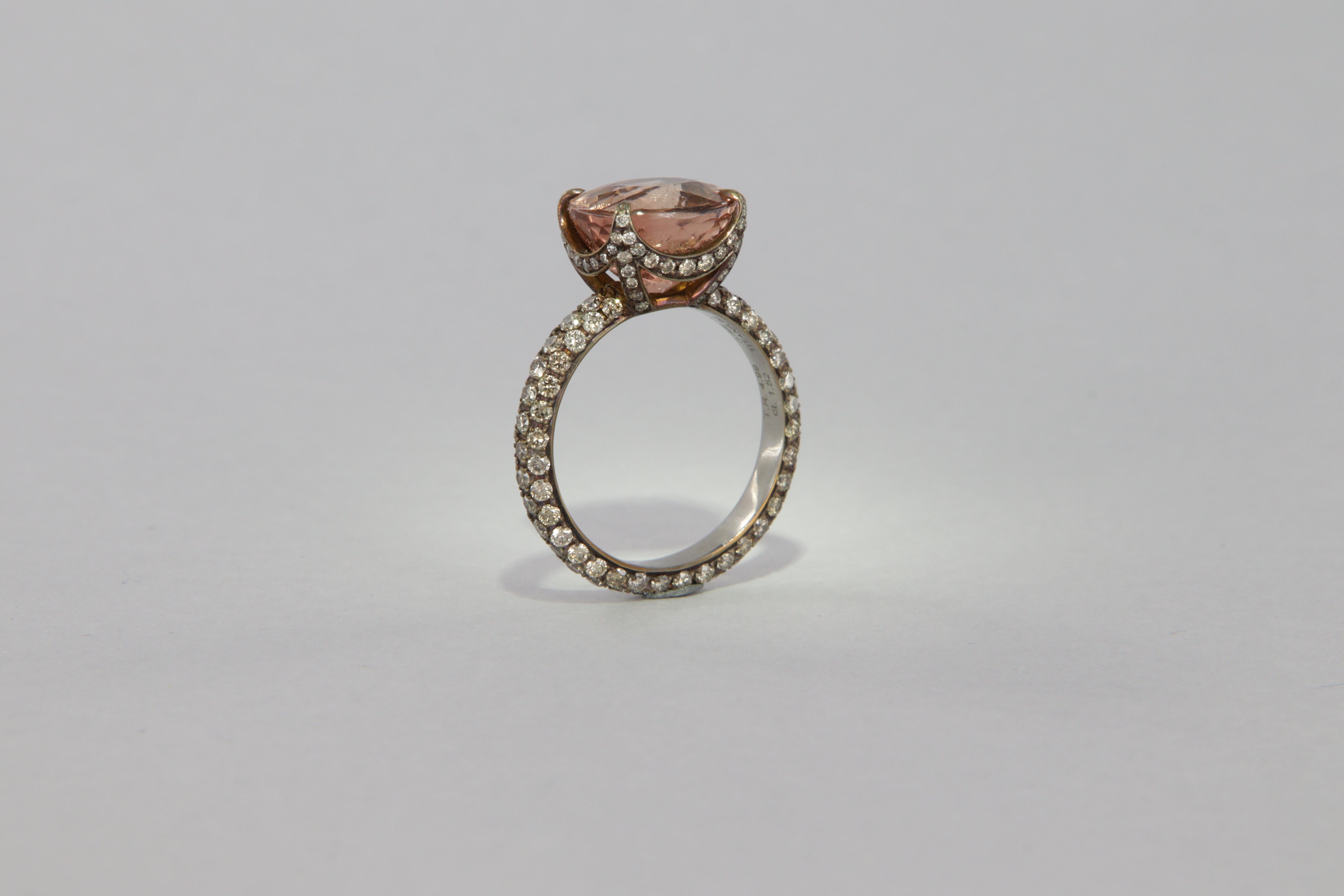 Ring with orange pink tourmaline carat 4.99 and brown diamonds in titanium For Sale 5