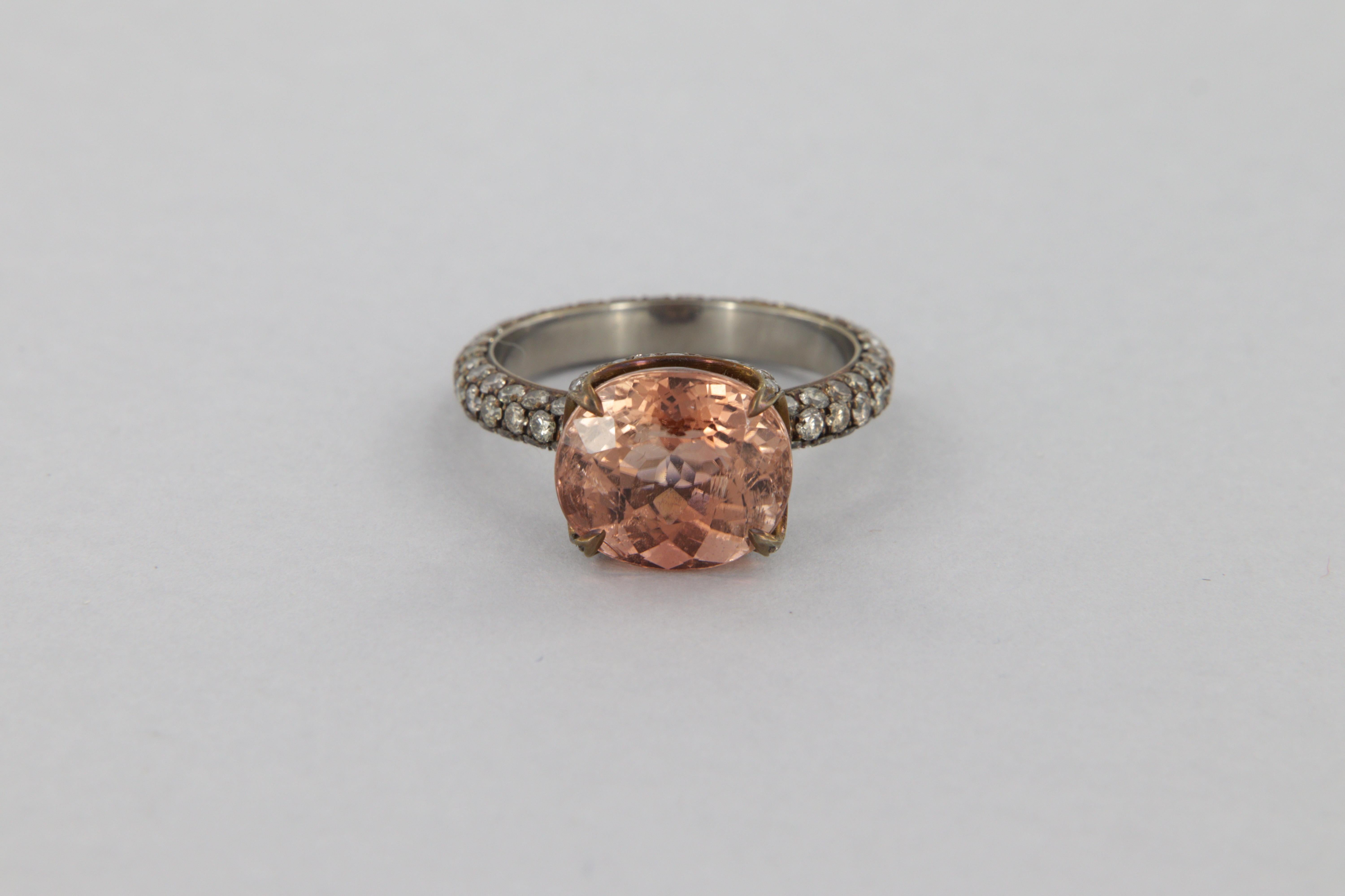 Contemporary Ring with orange pink tourmaline carat 4.99 and brown diamonds in titanium For Sale