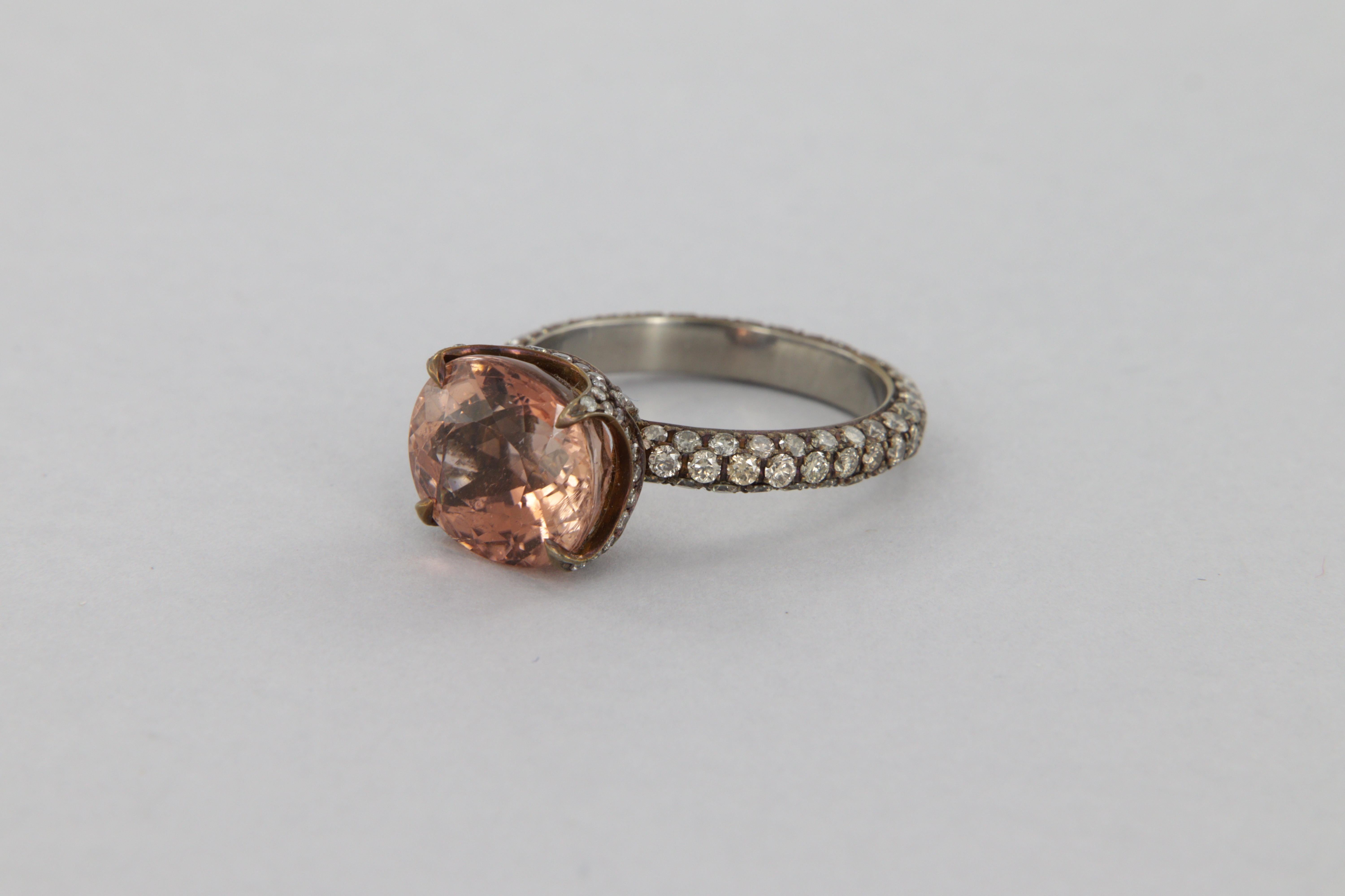 Oval Cut Ring with orange pink tourmaline carat 4.99 and brown diamonds in titanium For Sale