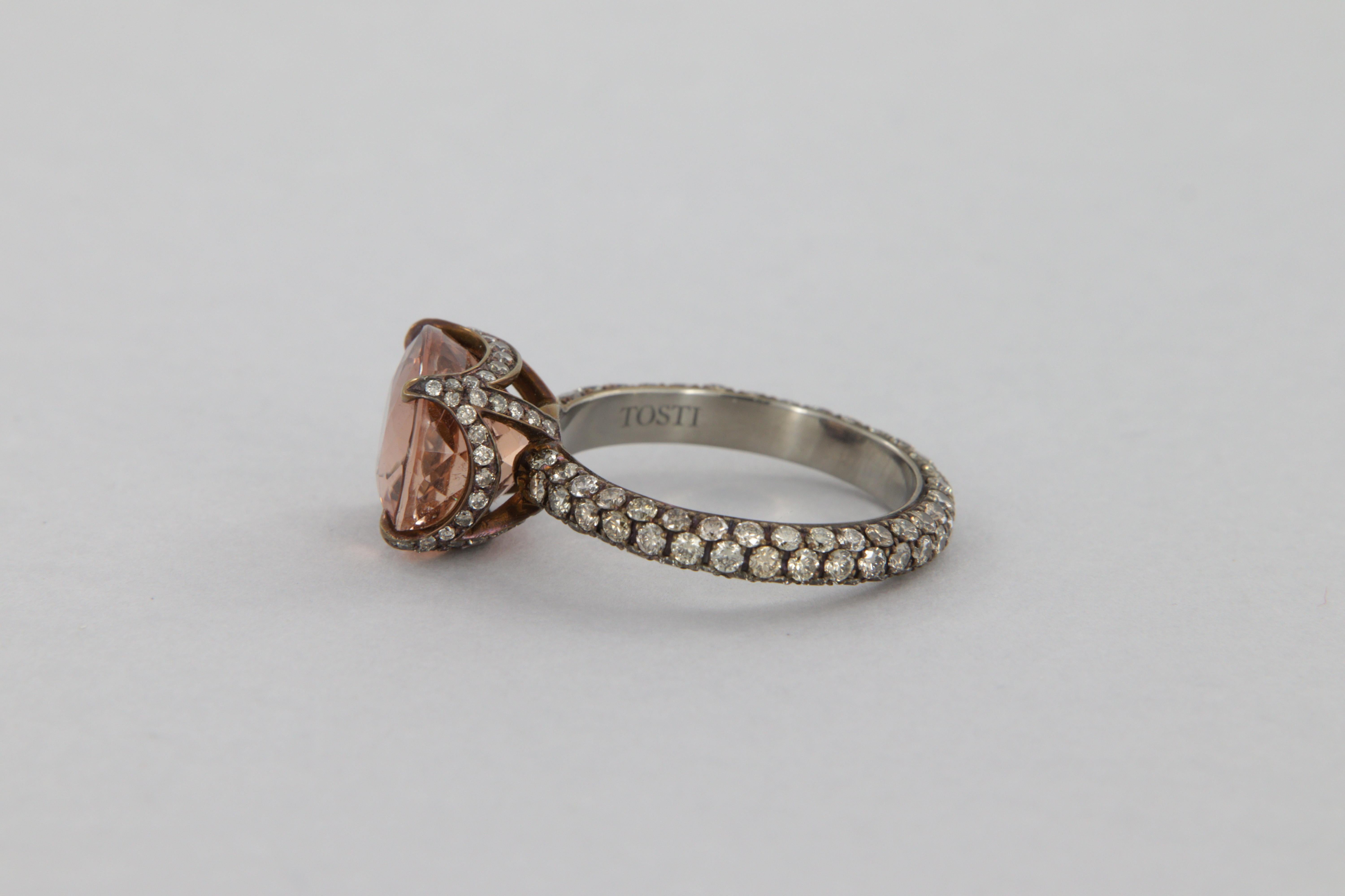 Ring with orange pink tourmaline carat 4.99 and brown diamonds in titanium In New Condition For Sale In Perugia, IT
