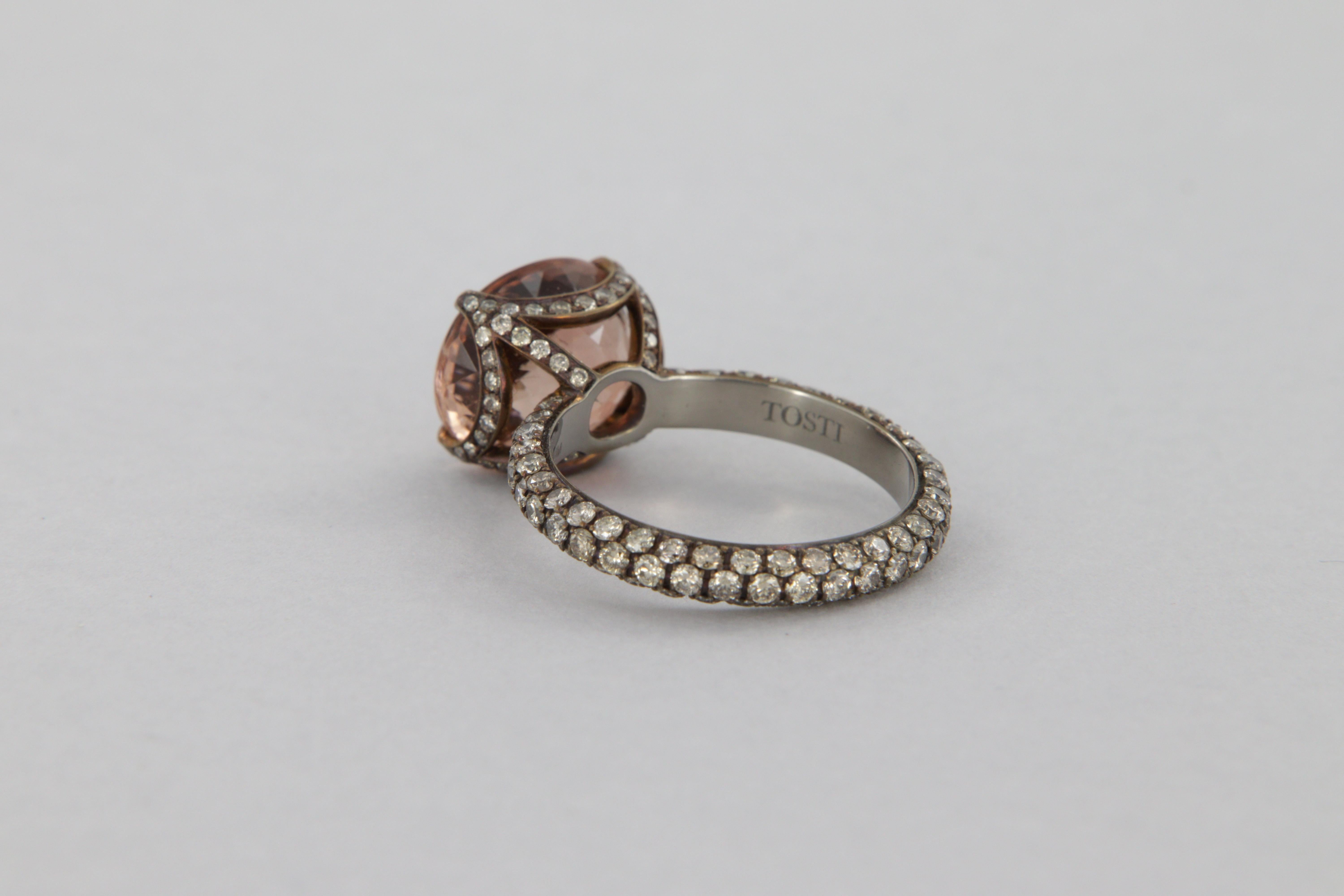 Women's Ring with orange pink tourmaline carat 4.99 and brown diamonds in titanium For Sale