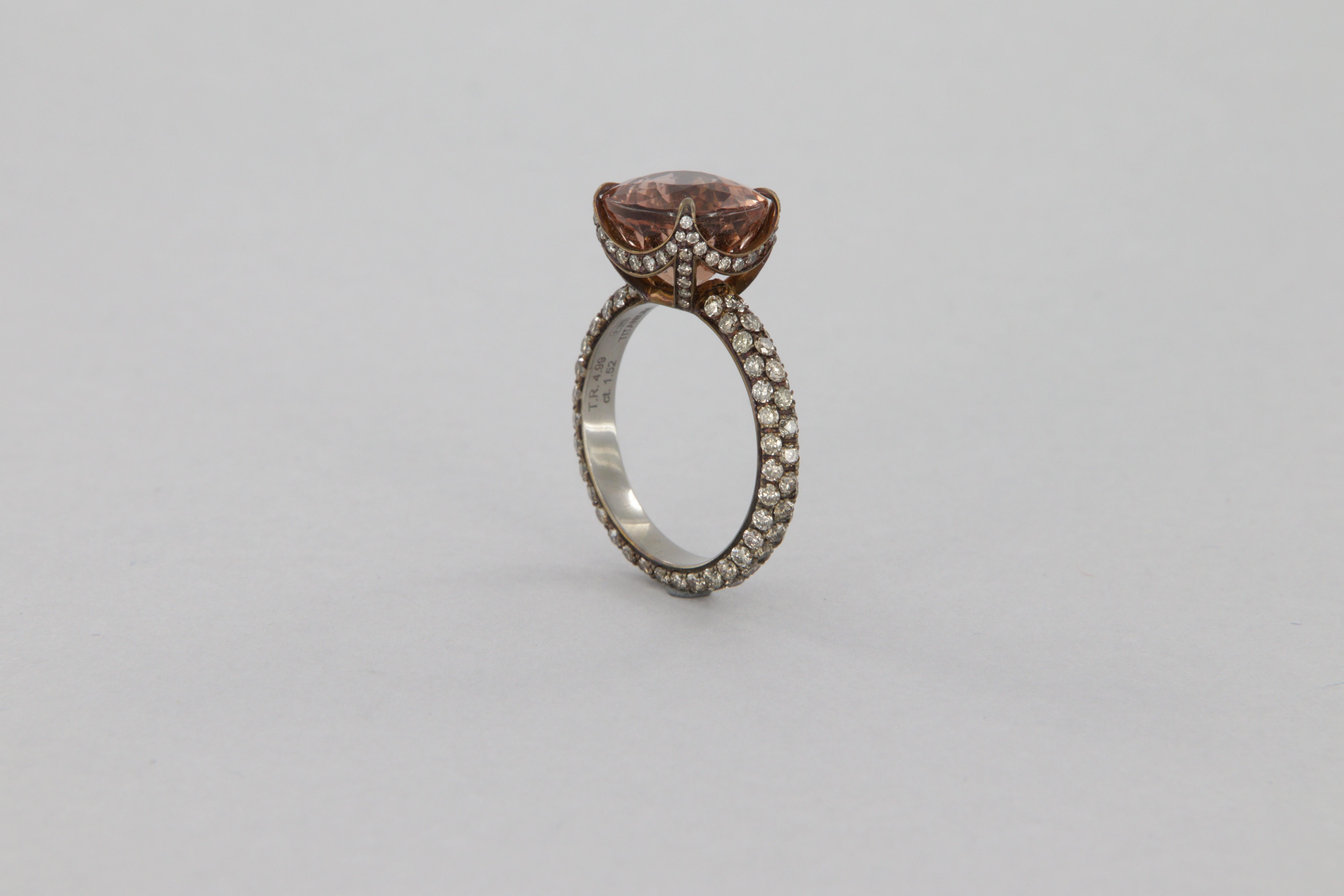 Ring with orange pink tourmaline carat 4.99 and brown diamonds in titanium For Sale 2