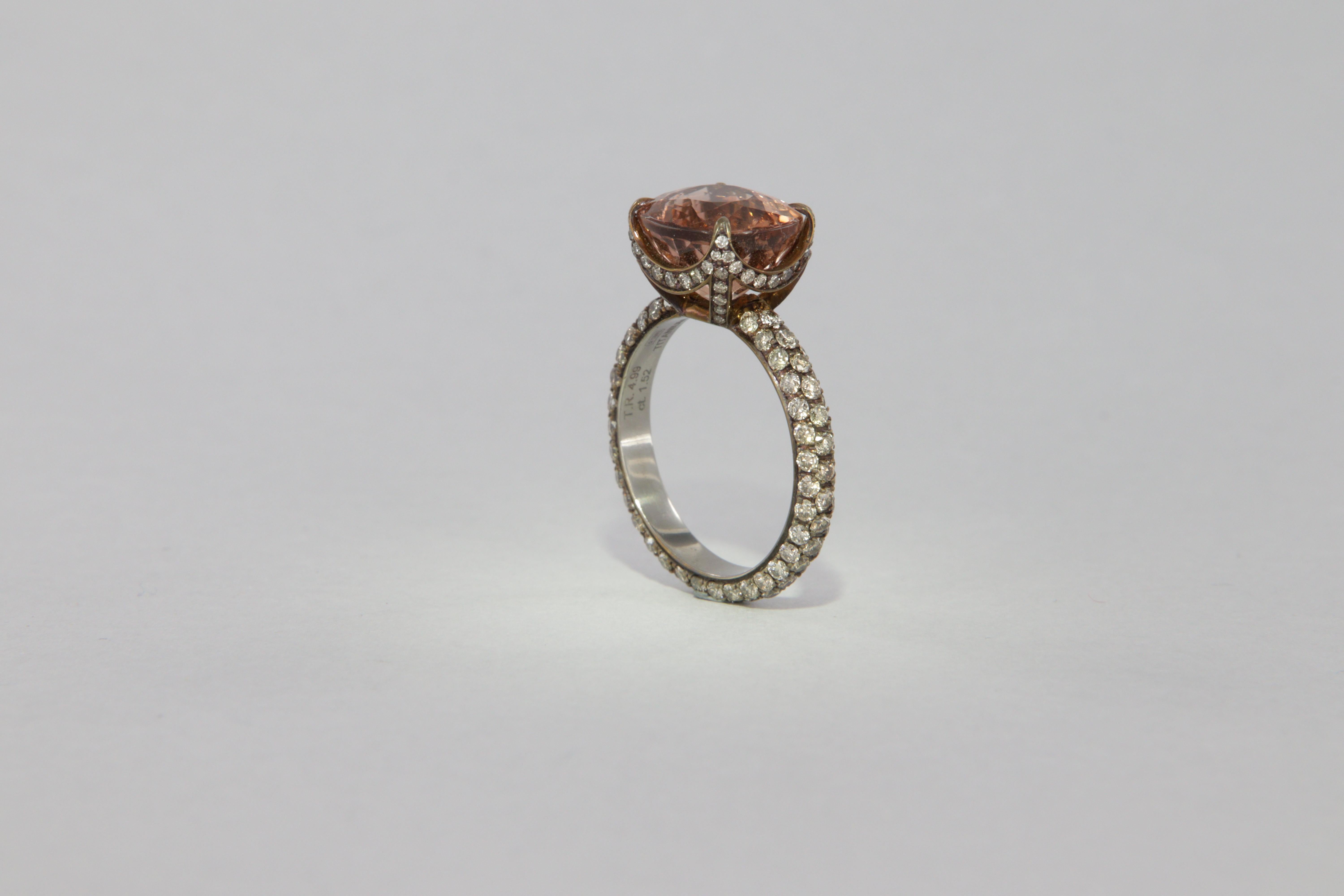 Ring with orange pink tourmaline carat 4.99 and brown diamonds in titanium For Sale 3