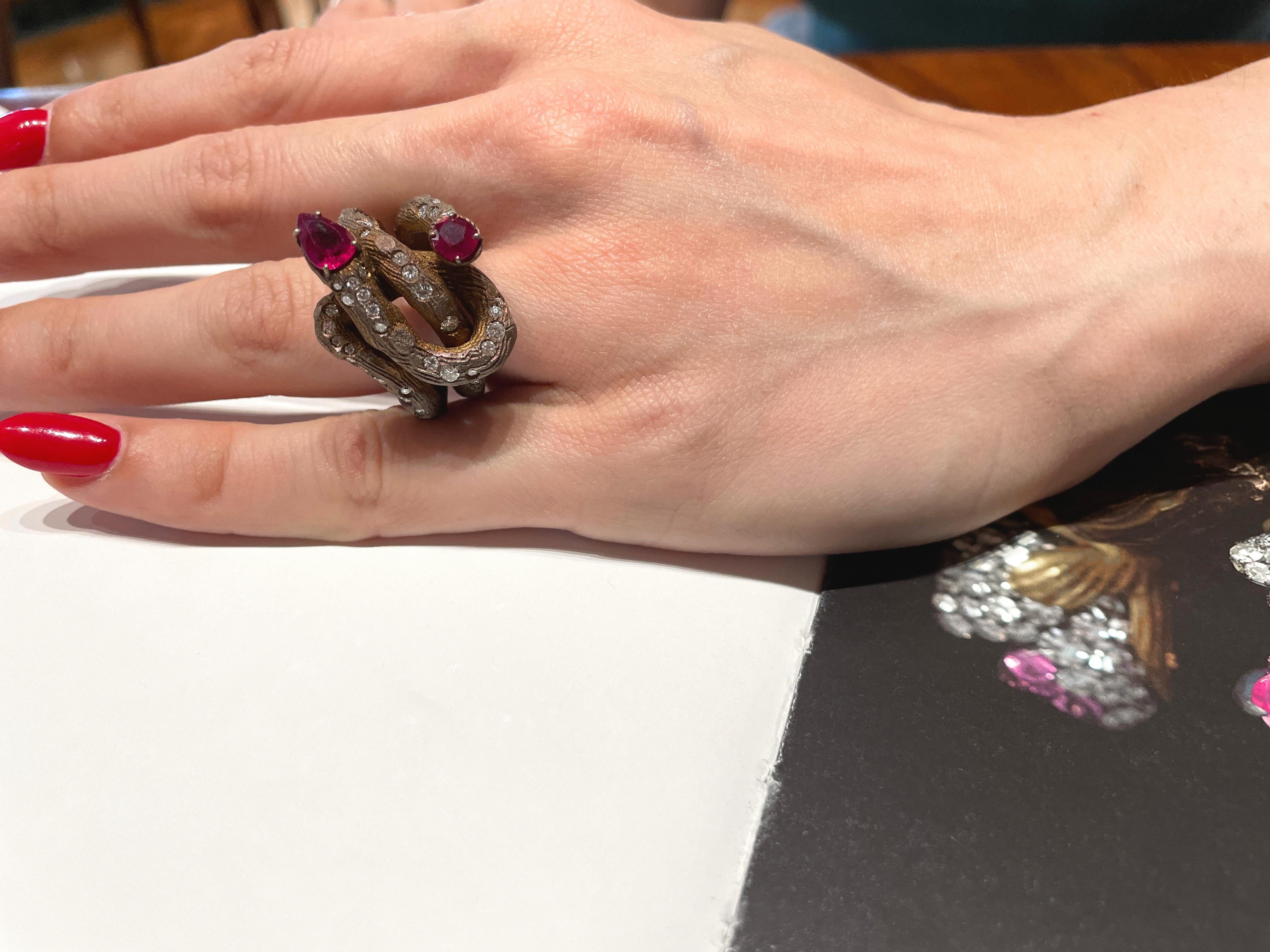 Contemporary grape shoot ring with diamonds and rubies in titanium For Sale 12