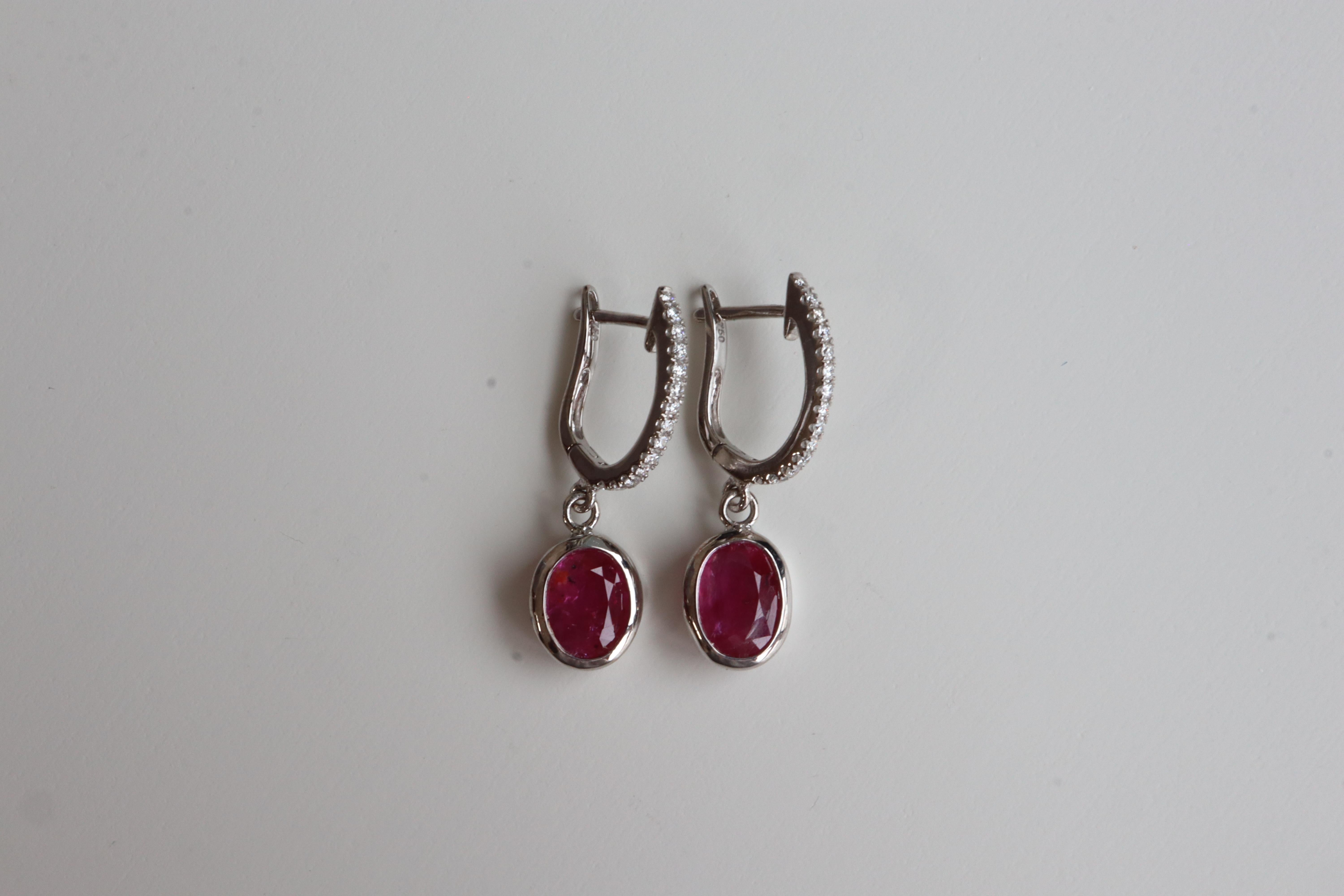 Mixed Cut Total 2.39Ct Unheated Burma Ruby and Natural diamond Hoop and Drop Earring For Sale