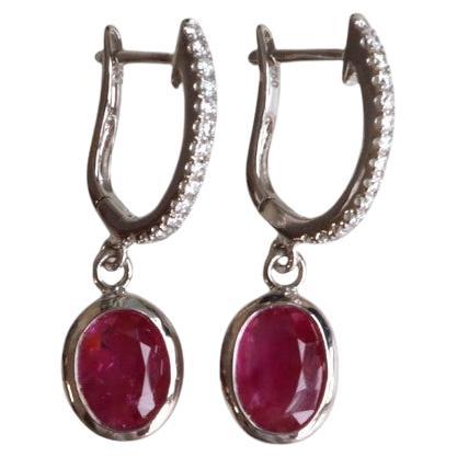 Total 2.39Ct Unheated Burma Ruby and Natural diamond Hoop and Drop Earring