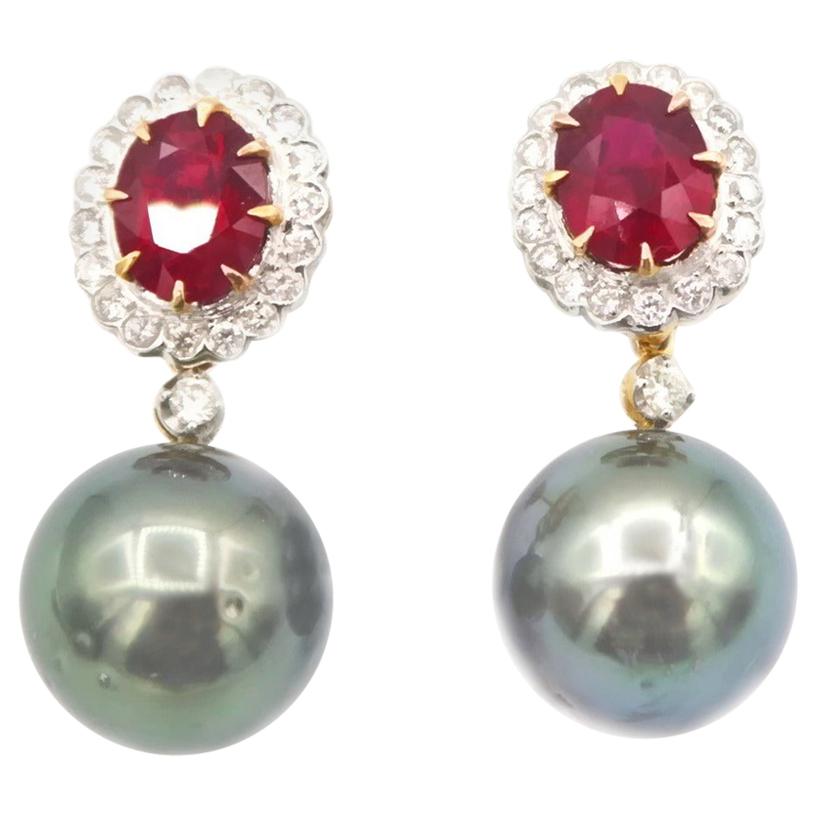 Total 4.67 Carat Oval Ruby Diamond Tahitian Pearl Drop Earrings Yellow Gold For Sale
