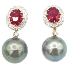 Total 4.67 Carat Oval Ruby Diamond Tahitian Pearl Drop Earrings Yellow Gold