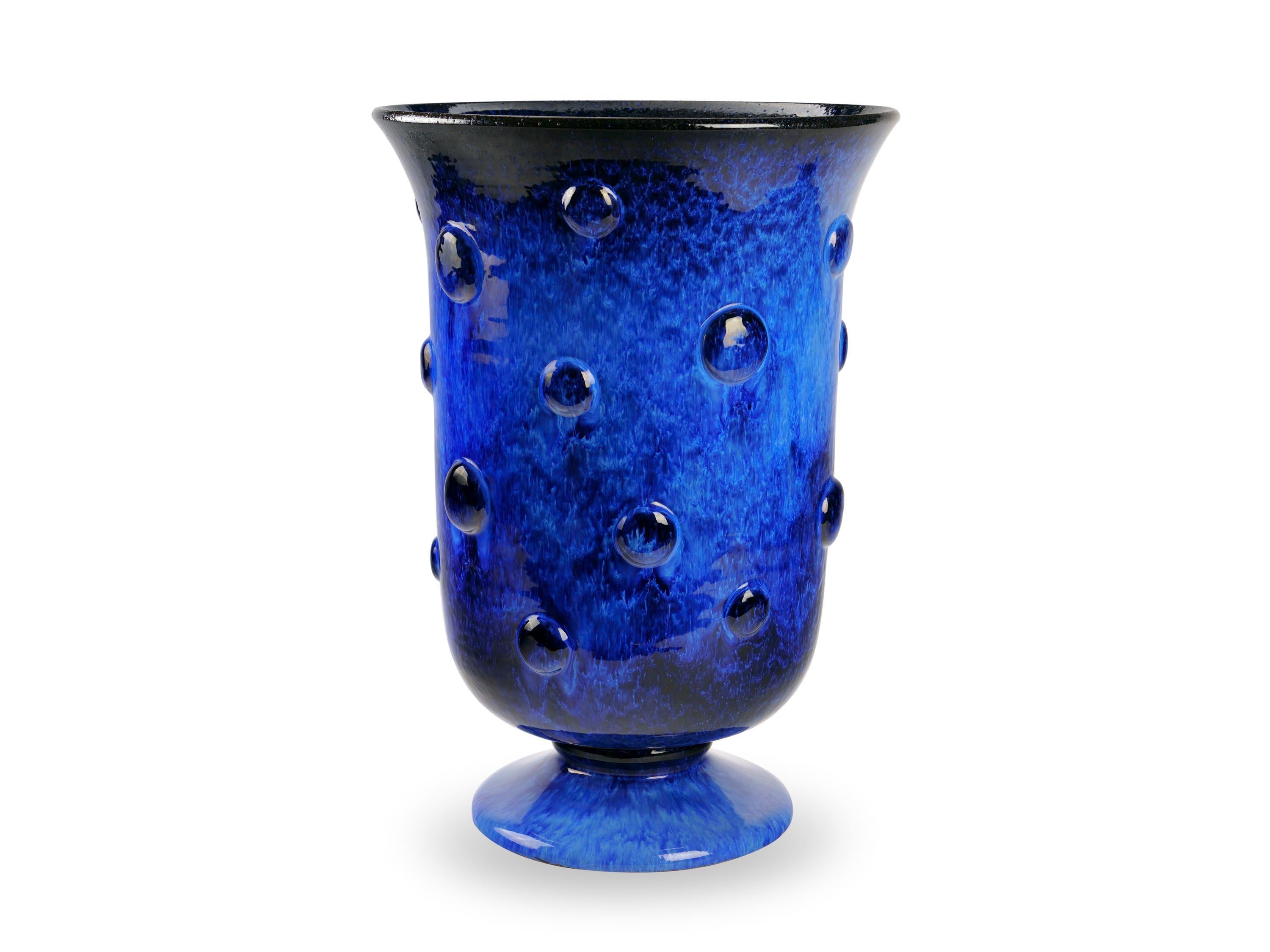 Modern Cobalt Blue Majolica Vase Vessel Ceramic Centerpiece Sculpture Handmade, Italy For Sale