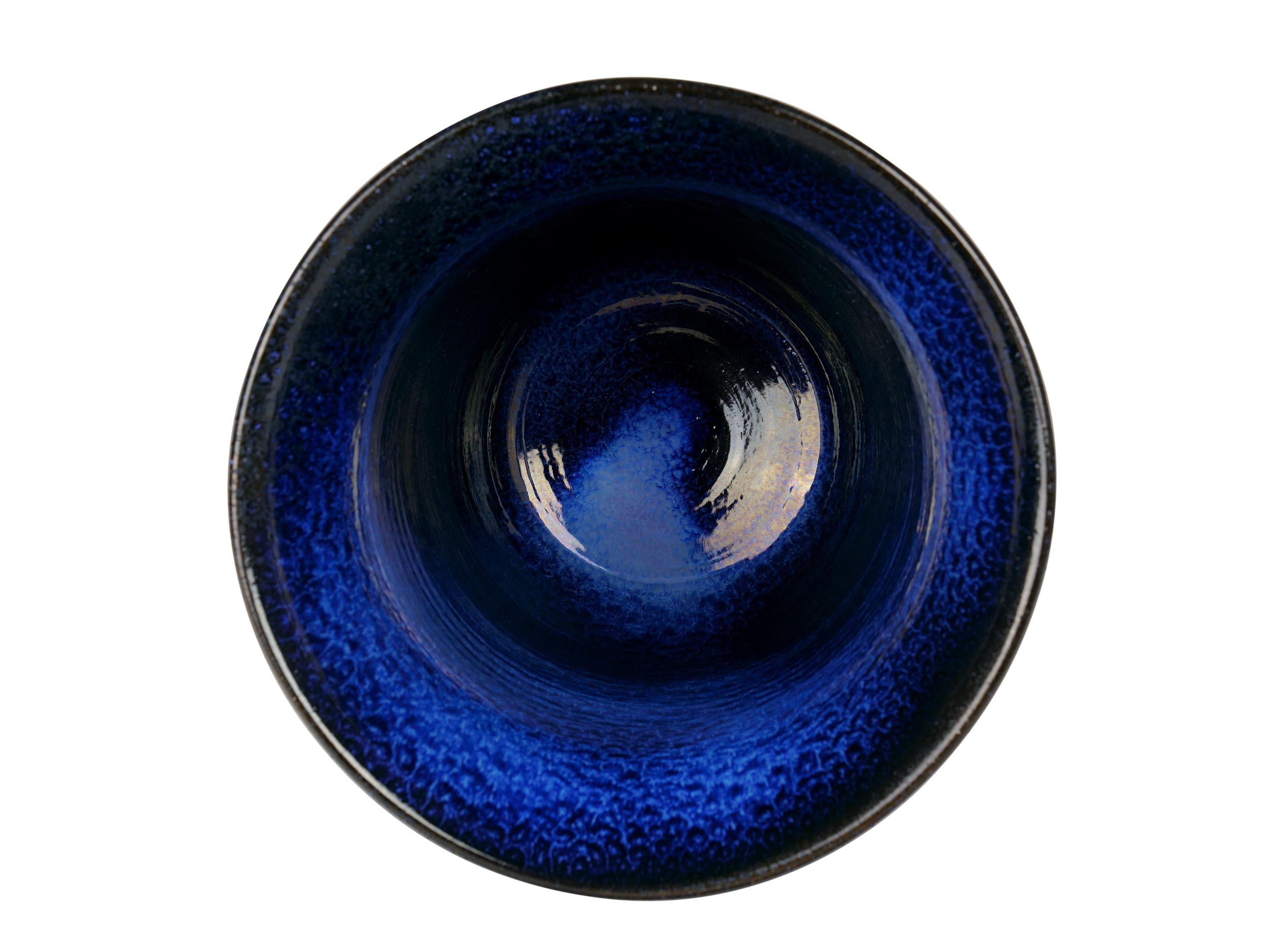 Hand-Carved Cobalt Blue Majolica Vase Vessel Ceramic Centerpiece Sculpture Handmade, Italy For Sale