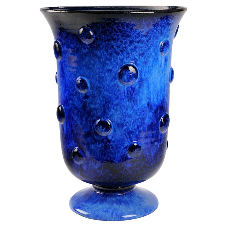 Cobalt Blue Majolica Vase Vessel Ceramic Centrepiece Sculpture Handmade, Italy For Sale