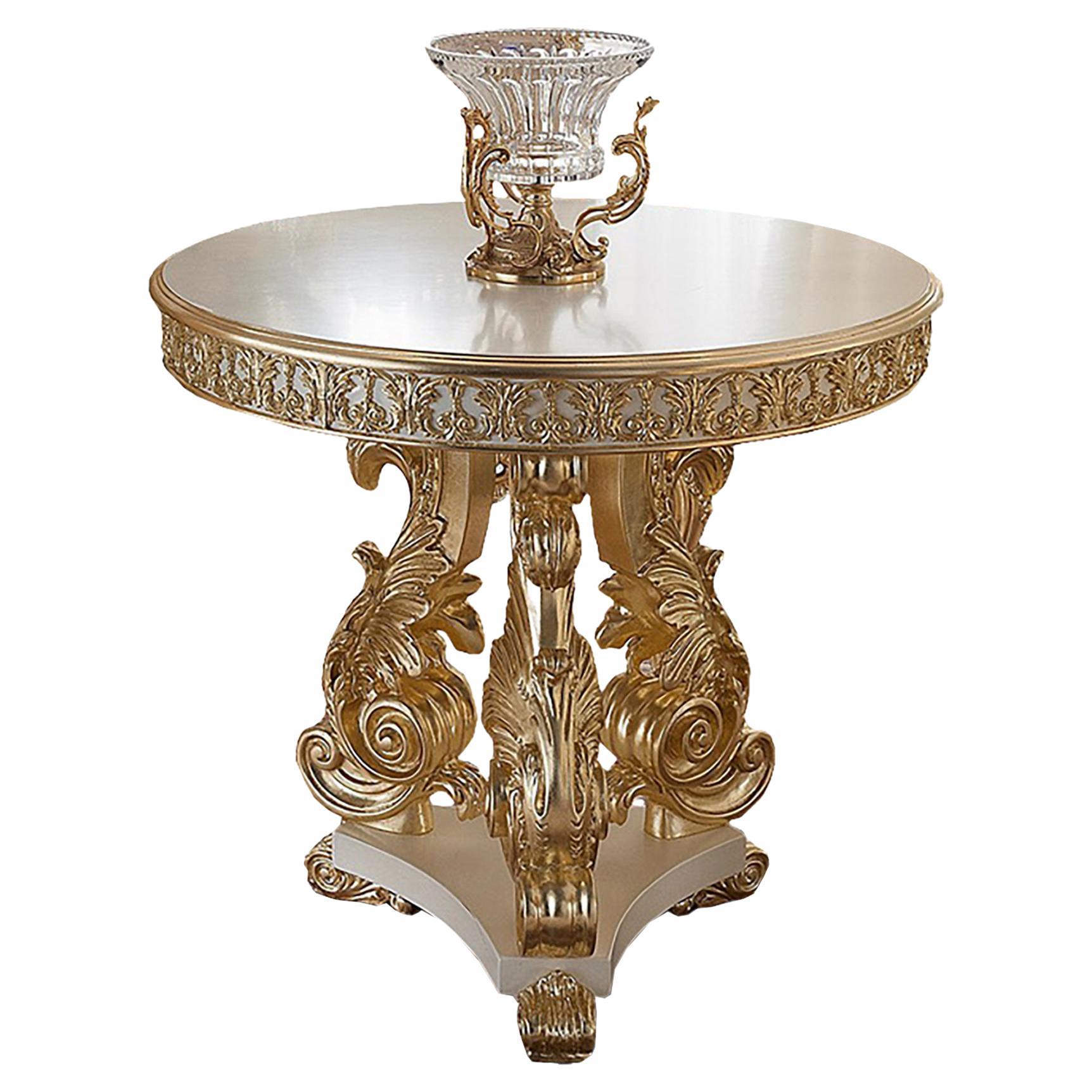 Table basse ronde baroque en or totalisée, fabriquée à la main par Modenese Interiors