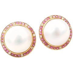 Total Mabe Pearl Pink Sapphire Diamond Gold Clip on Pierced Earrings