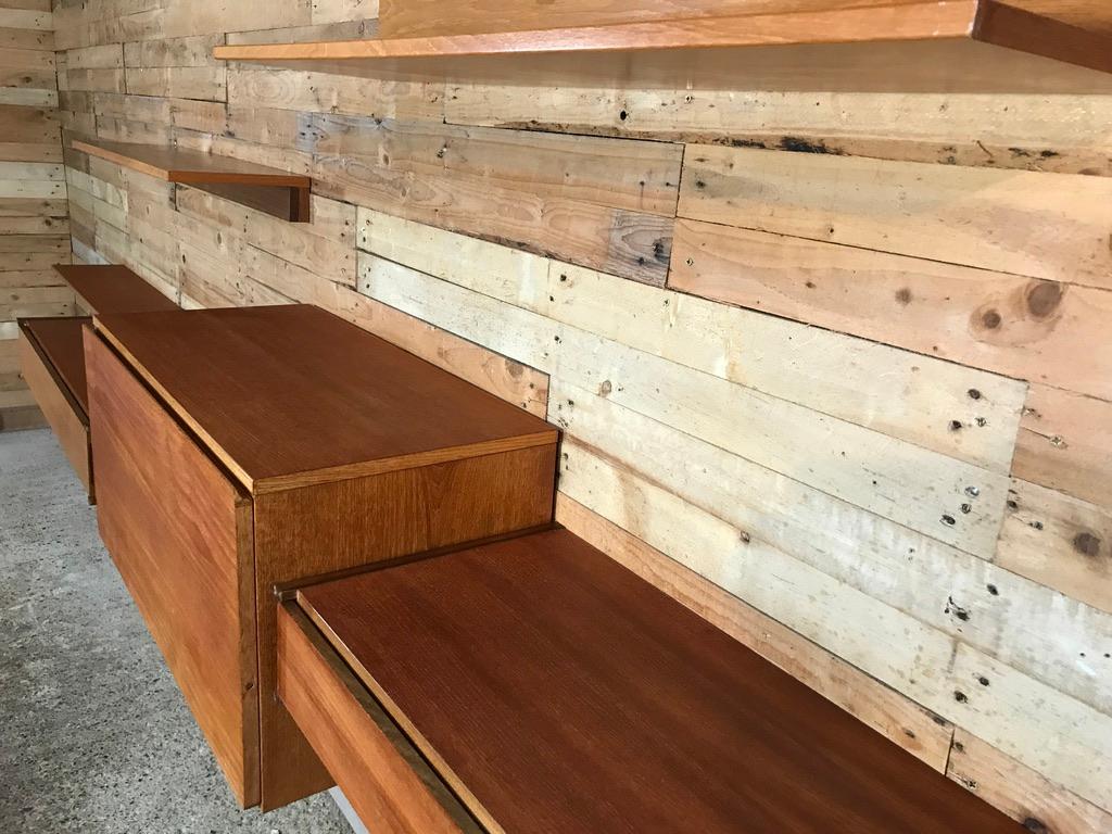 Totally Free-Hanging Large Teak 1960 Retro Desk with Two Drawers and 3 Shelves 5