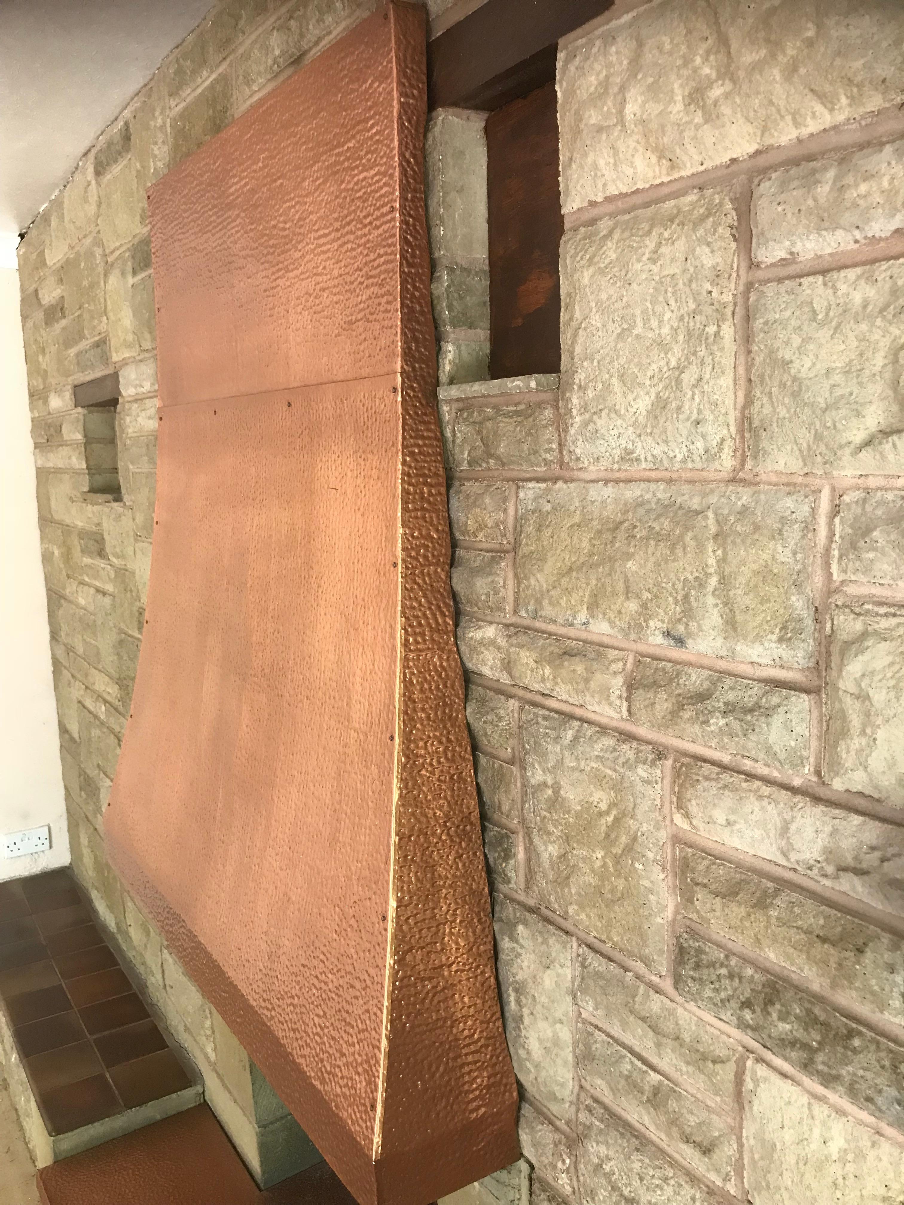 English Totally Original 1960 Retro Hammered Copper Fire Place Hood and Base