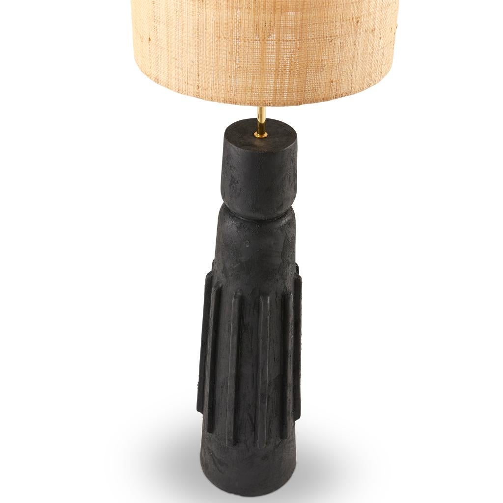 Hand-Crafted Totem #2 Modern Black Jesmonite Plastered Terracotta Raffia & Brass Table Lamp For Sale