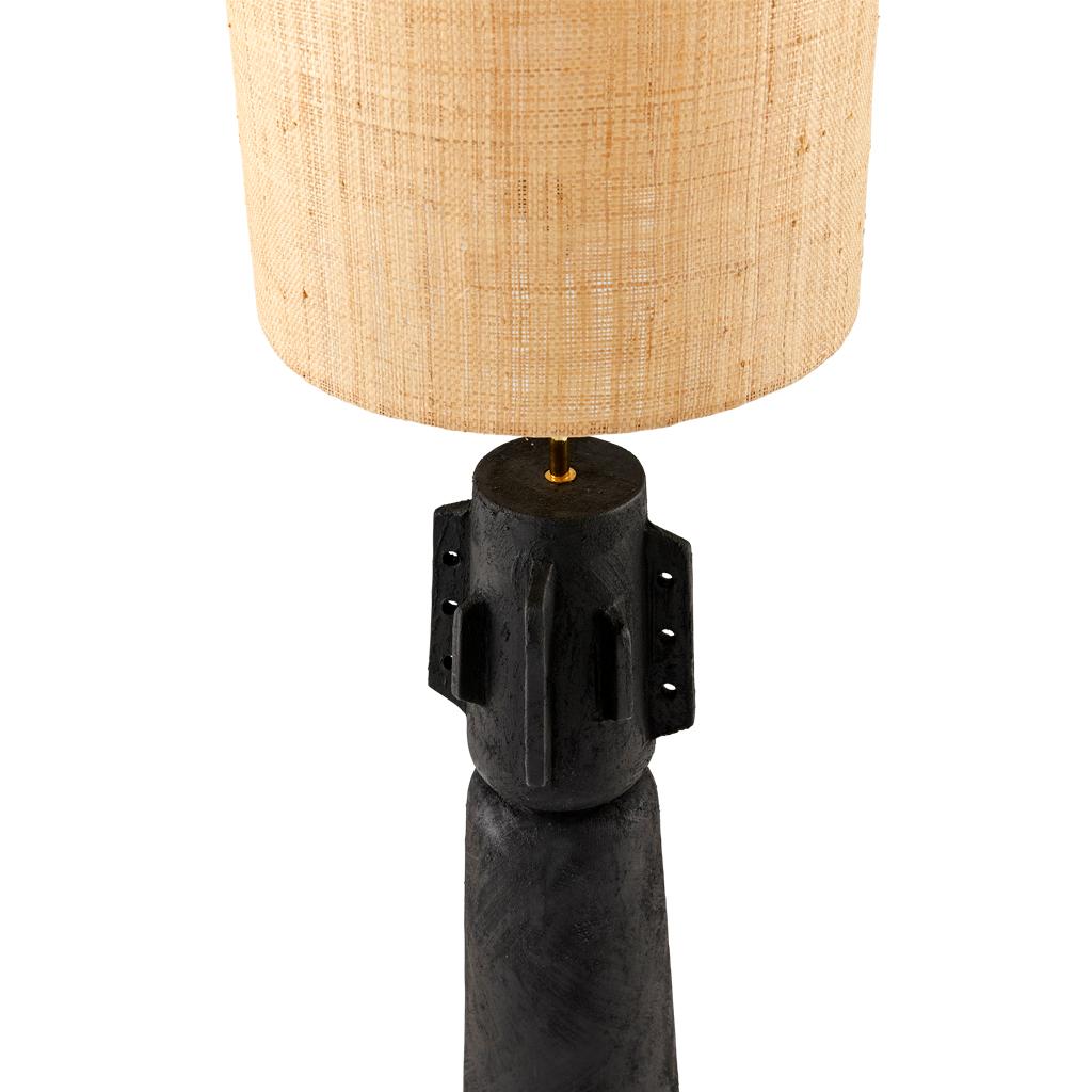 South African Totem #3 Modern Black Jesmonite Plastered Terracotta Raffia & Brass Table Lamp For Sale