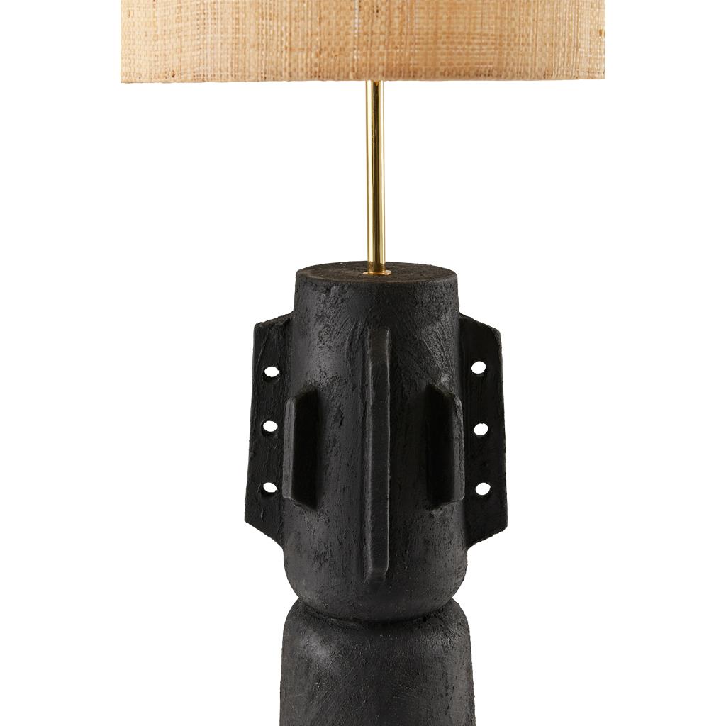 Hand-Crafted Totem #3 Modern Black Jesmonite Plastered Terracotta Raffia & Brass Table Lamp For Sale