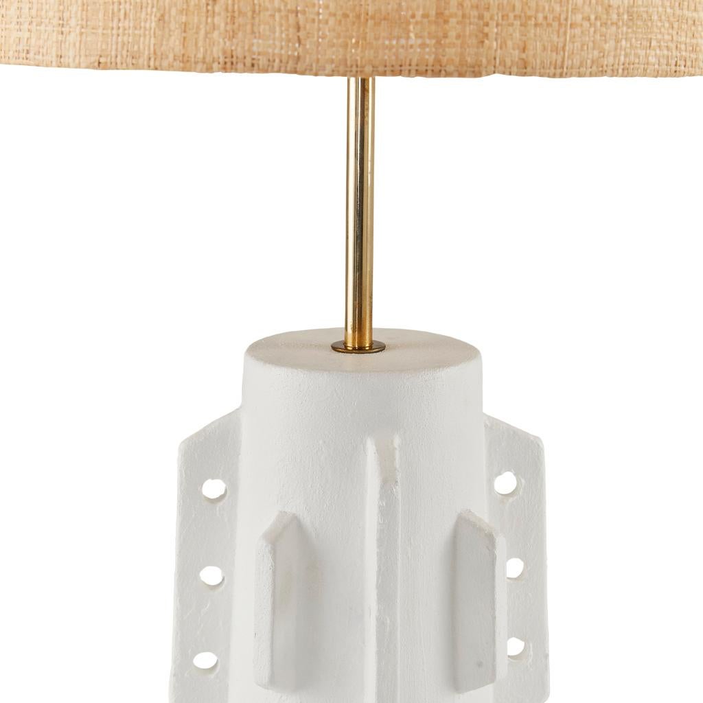 Hand-Crafted TOTEM #3 Modern White Jesmonite Plastered Terracotta Raffia & Brass Table Lamp For Sale
