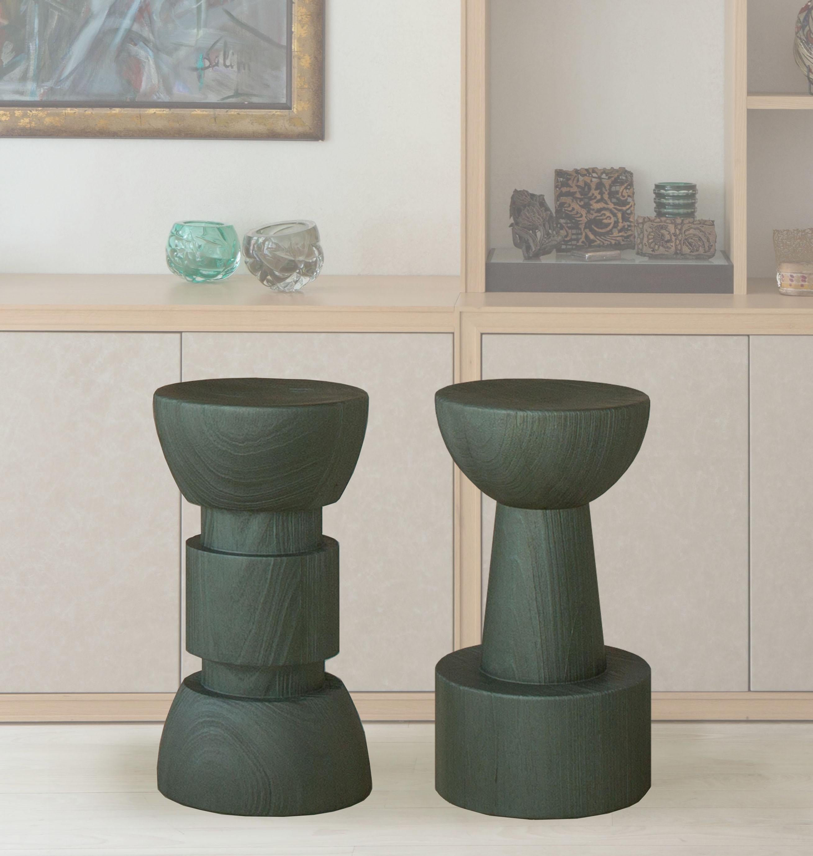 Sculptural Wood stools, inspired by African Totem Sculptures. Can be made for indoor or outdoor use, in a variety of paint colors or natural finish.
Can be made in bar, island or display pillar height.
