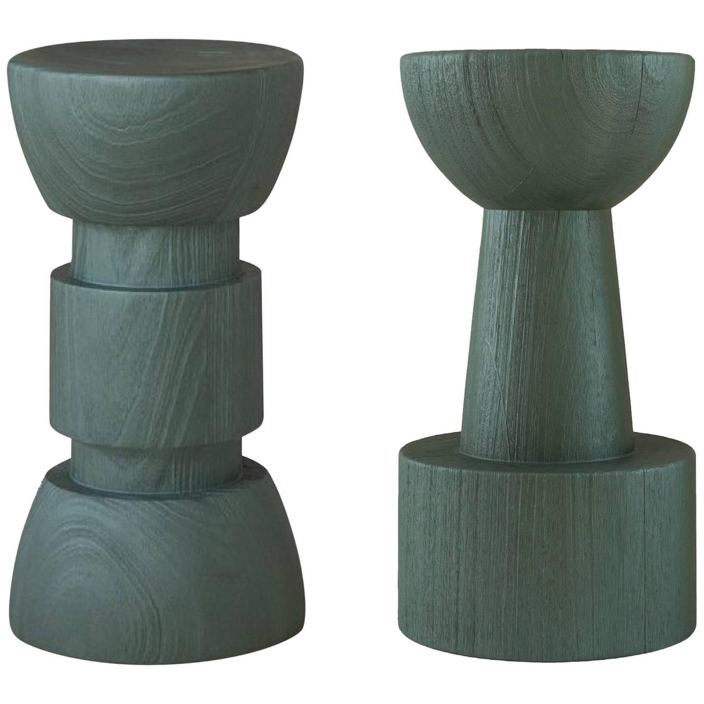 TOTEM Pearly Green Glaze Solid African Wood Island / Bar Stools For Sale