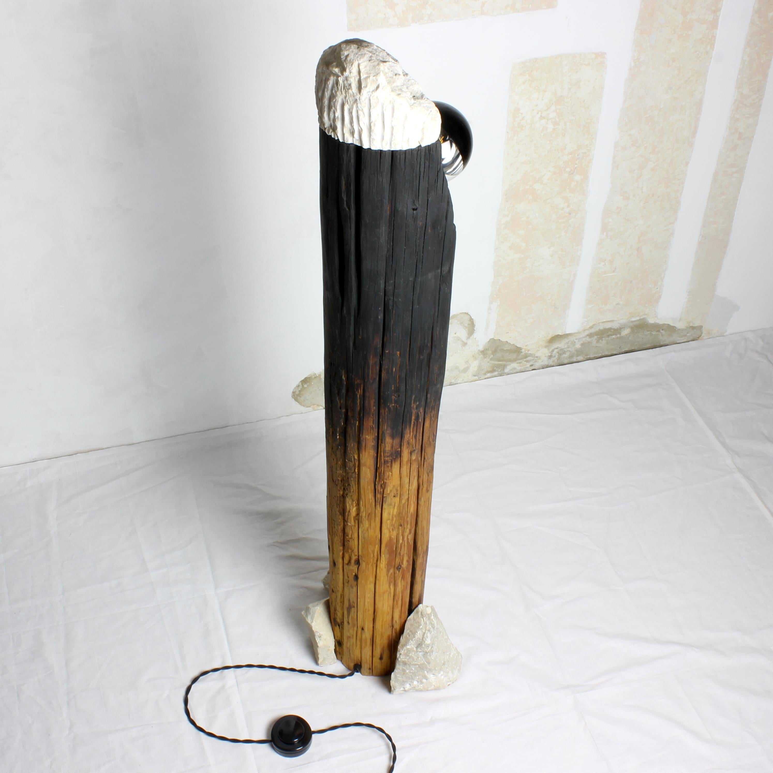 Totem – Skulpturale Beleuchtung, Stehlampe aus aufgearbeitetem, gebranntem Holz und Stein (Geschwärzt) im Angebot