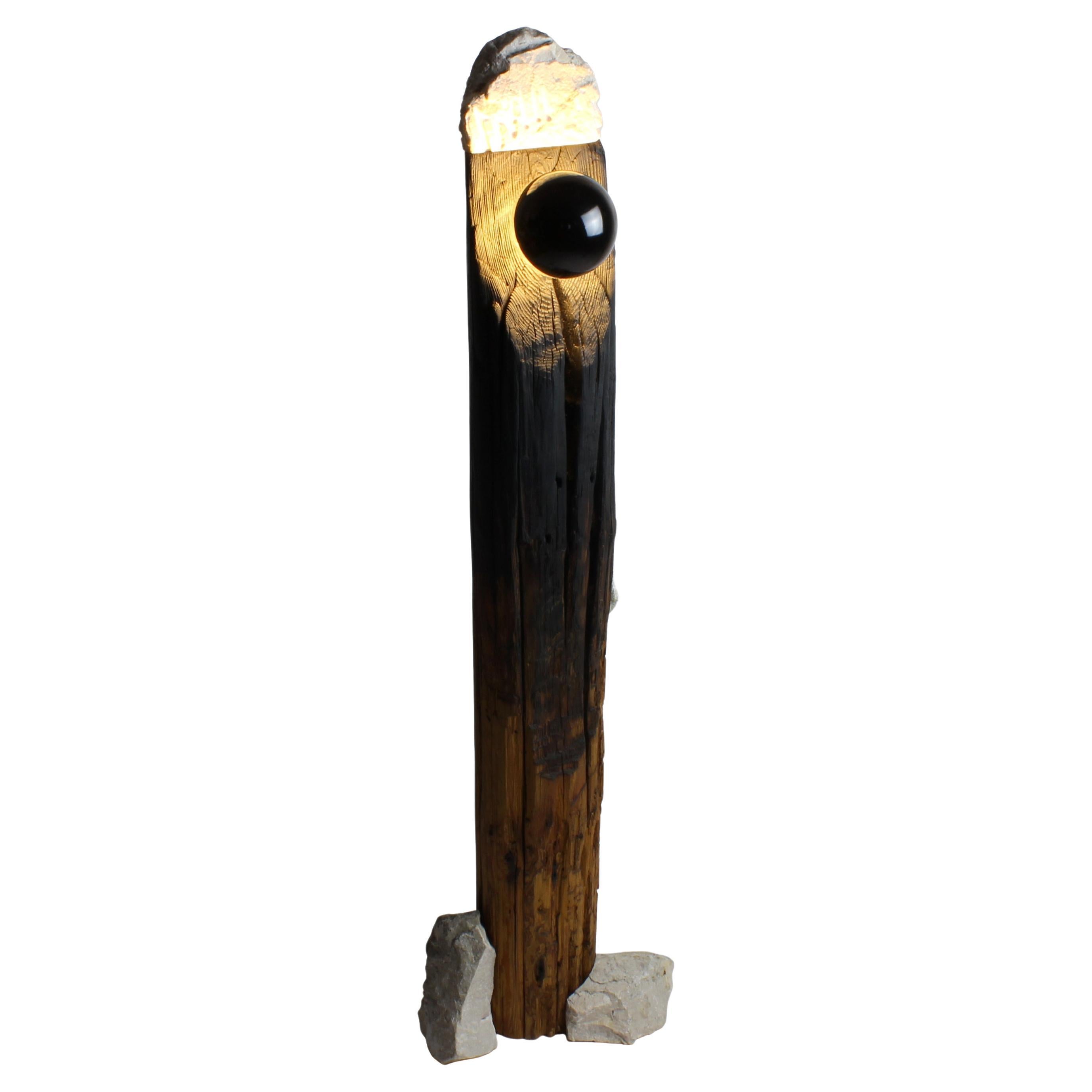 Totem - Sculptural Lighting, Floor Lamp from Reclaimed Burned Wood and Stone