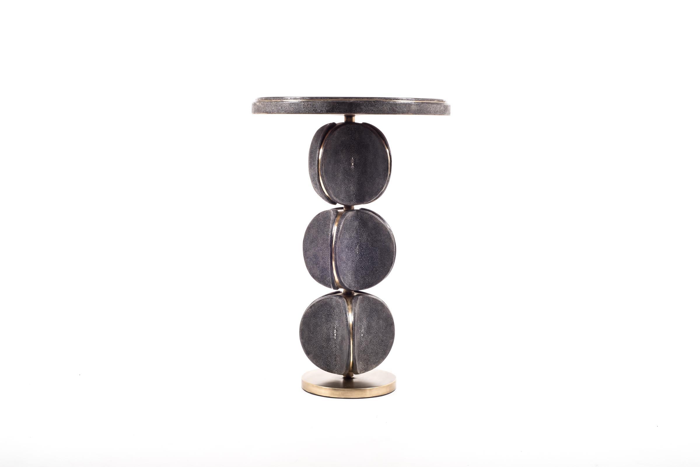 Art Deco TOTEM Side Table in Black Shagreen & Bronze-Patina Brass by Kifu Paris