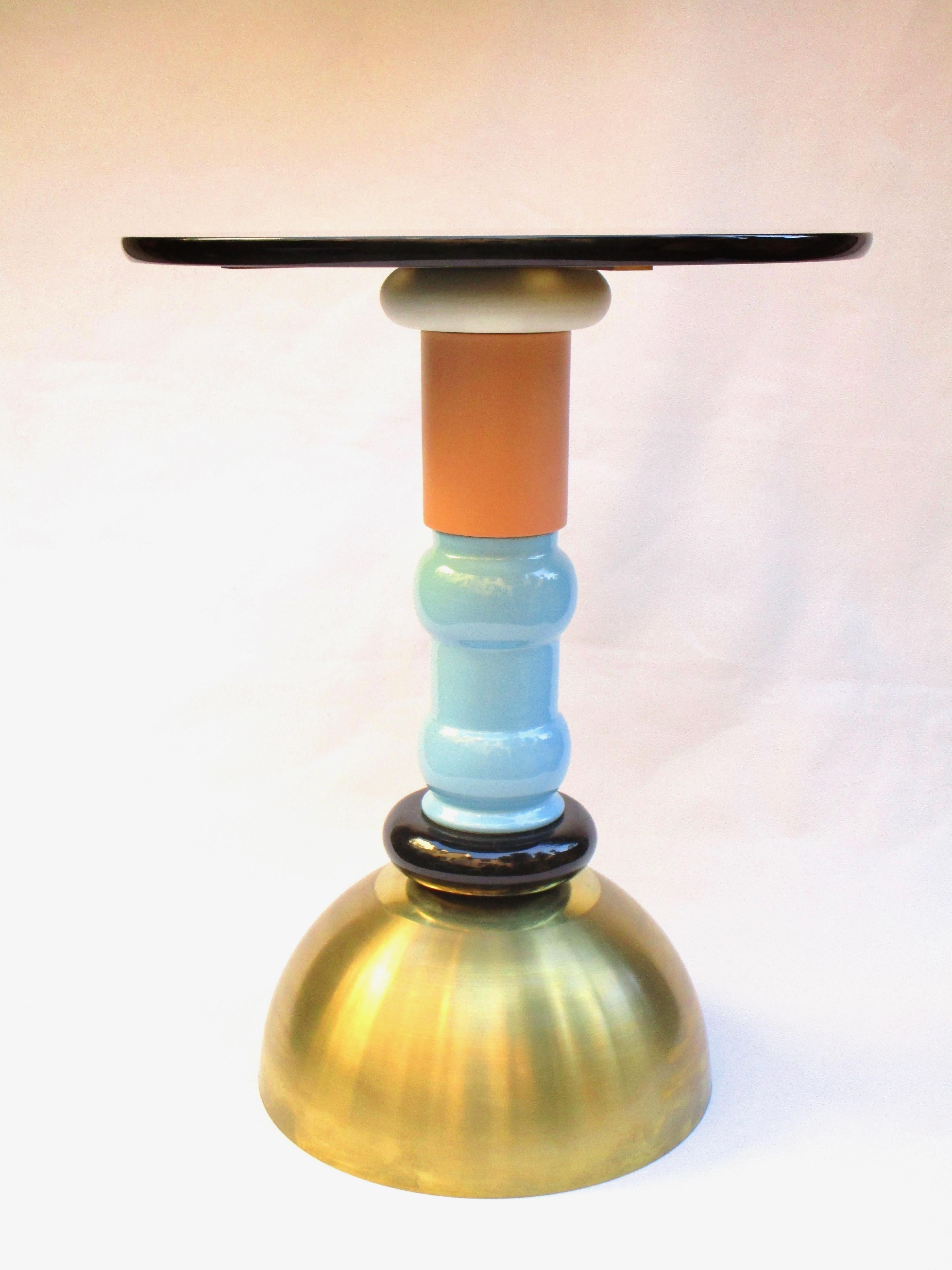 Italian TOTEM Table in Brass, Wood and Ceramic, Handmade in Italy For Sale