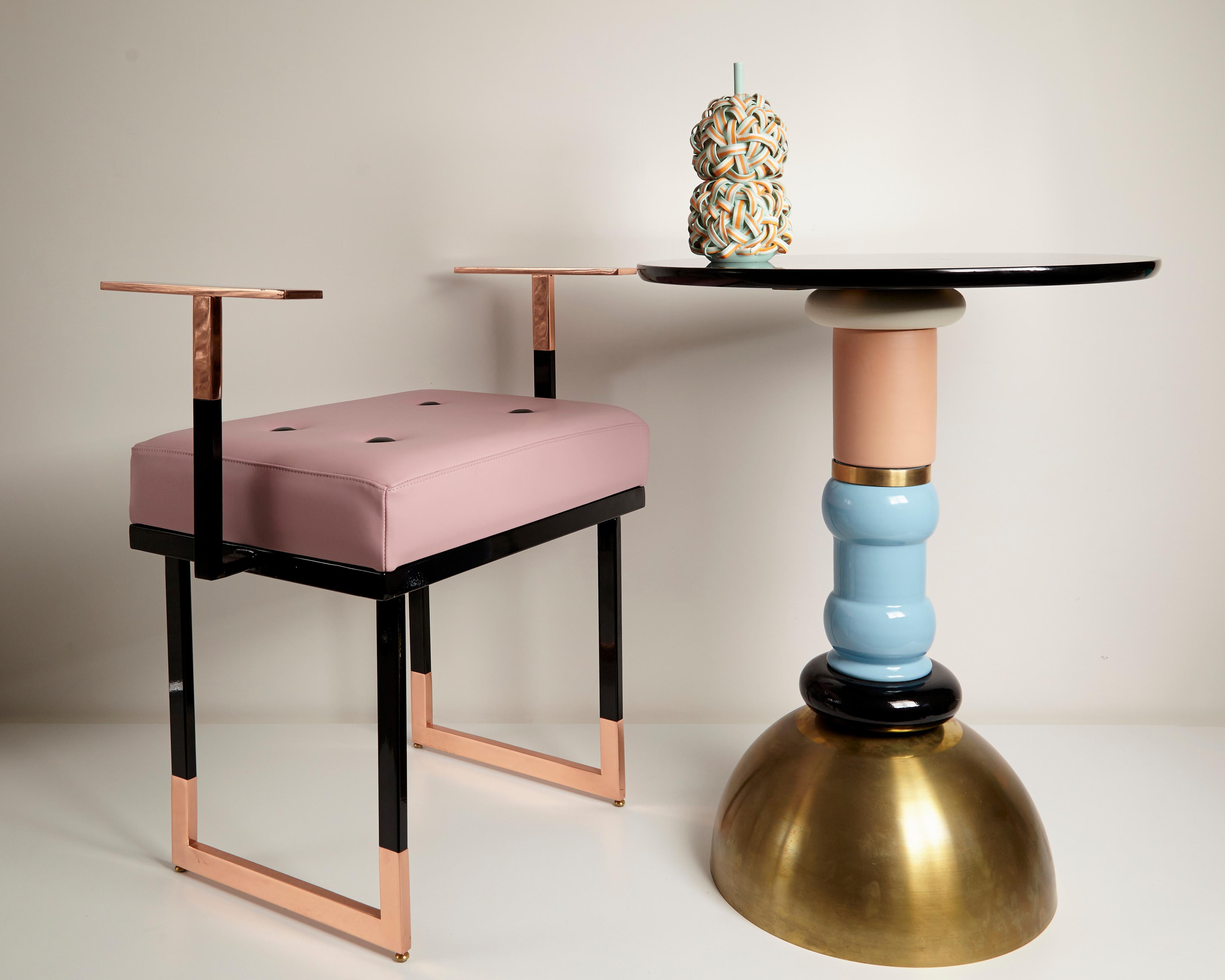 Contemporary TOTEM Table in Brass, Wood and Ceramic, Handmade in Italy For Sale