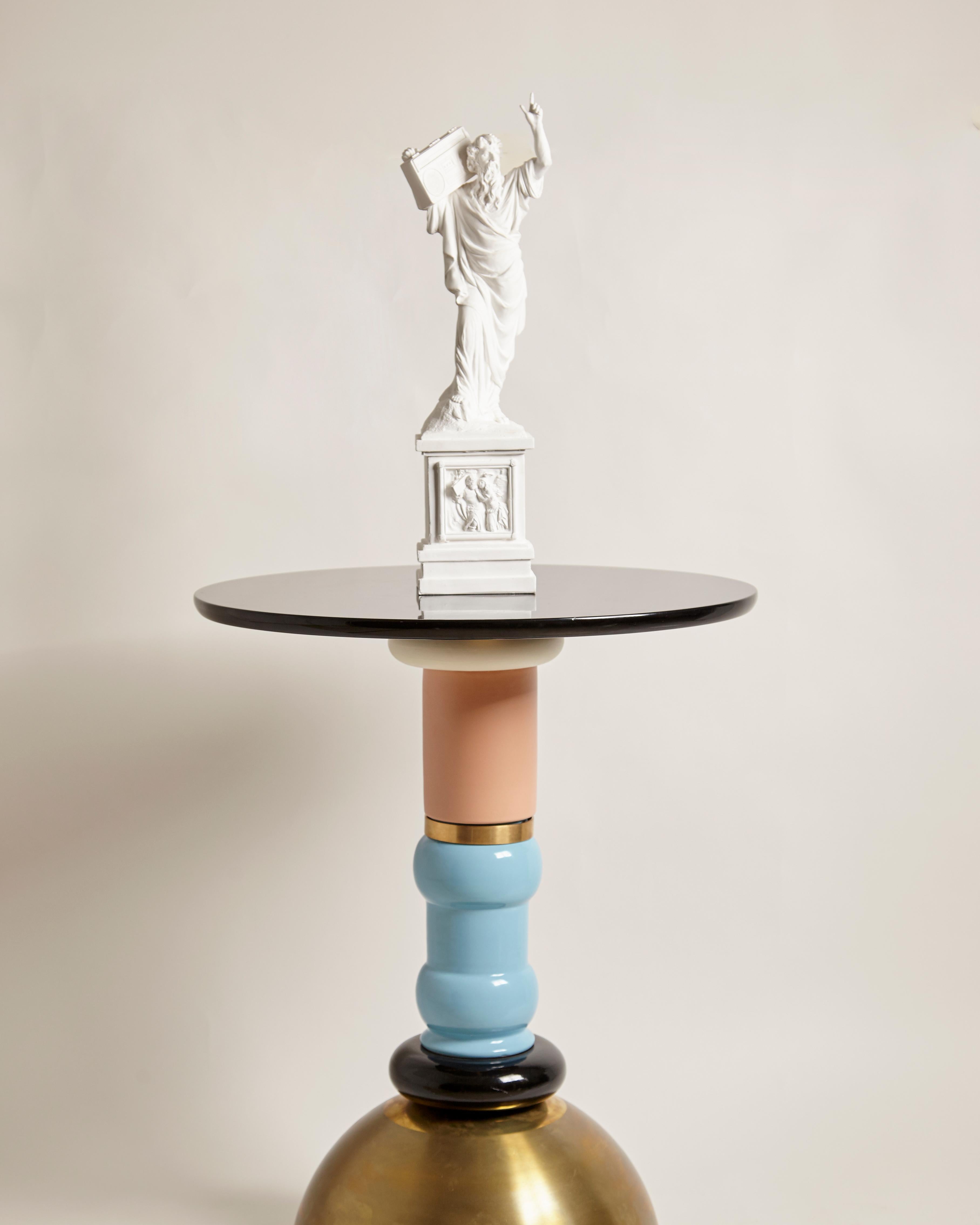 TOTEM Table in Brass, Wood and Ceramic, Handmade in Italy For Sale 1