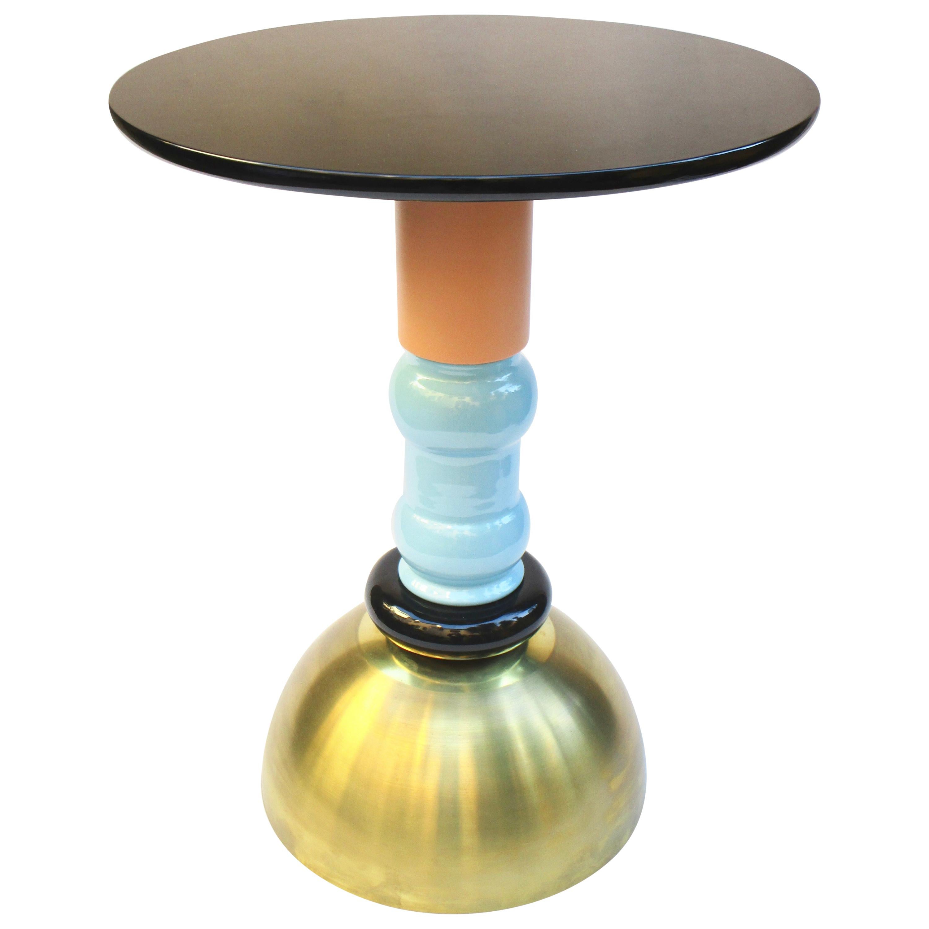 TOTEM Table in Brass, Wood and Ceramic, Handmade in Italy For Sale