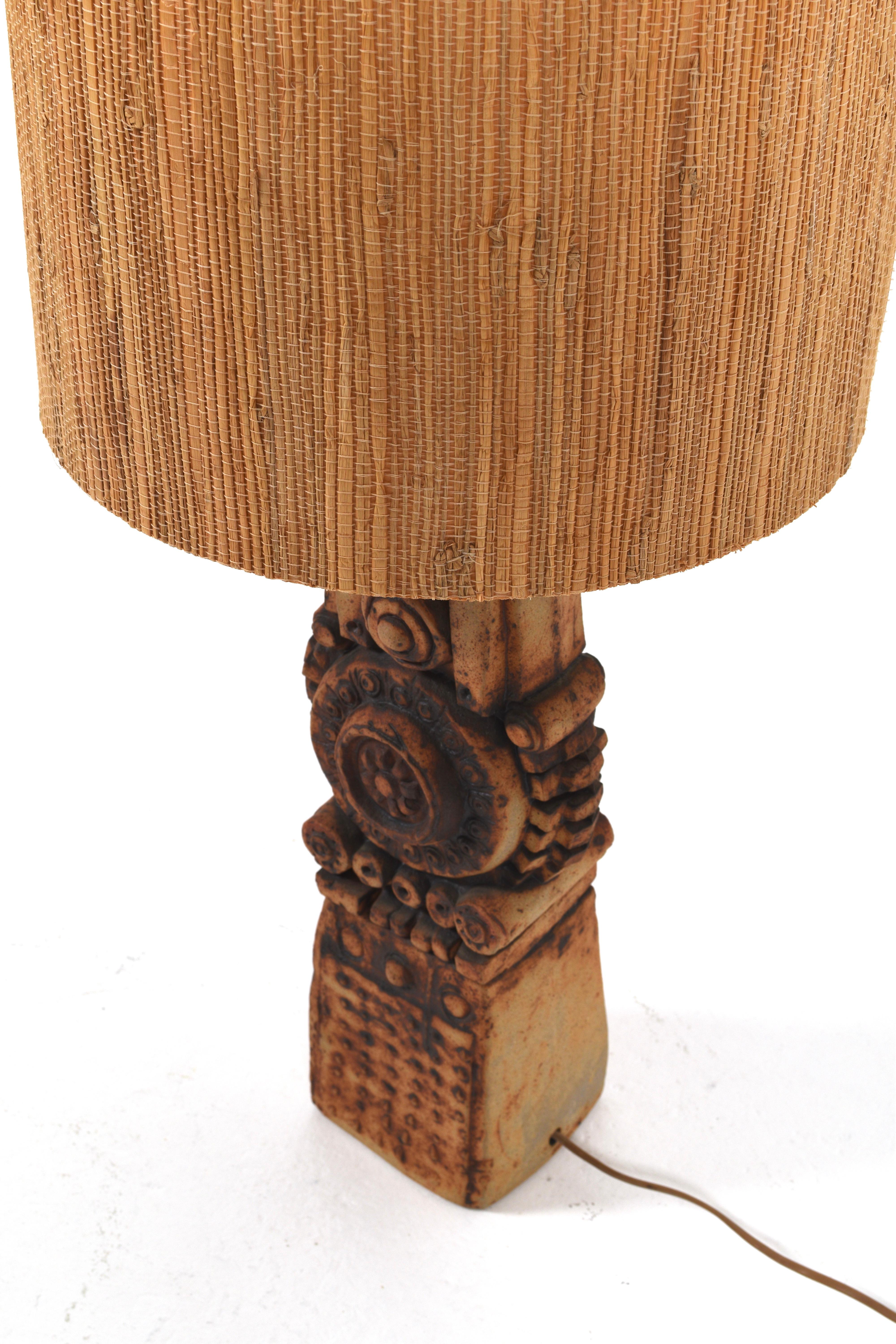 Mid-Century Modern Totem Table Lamp by Bernard Rooke with rattan lampshade, 1970s For Sale