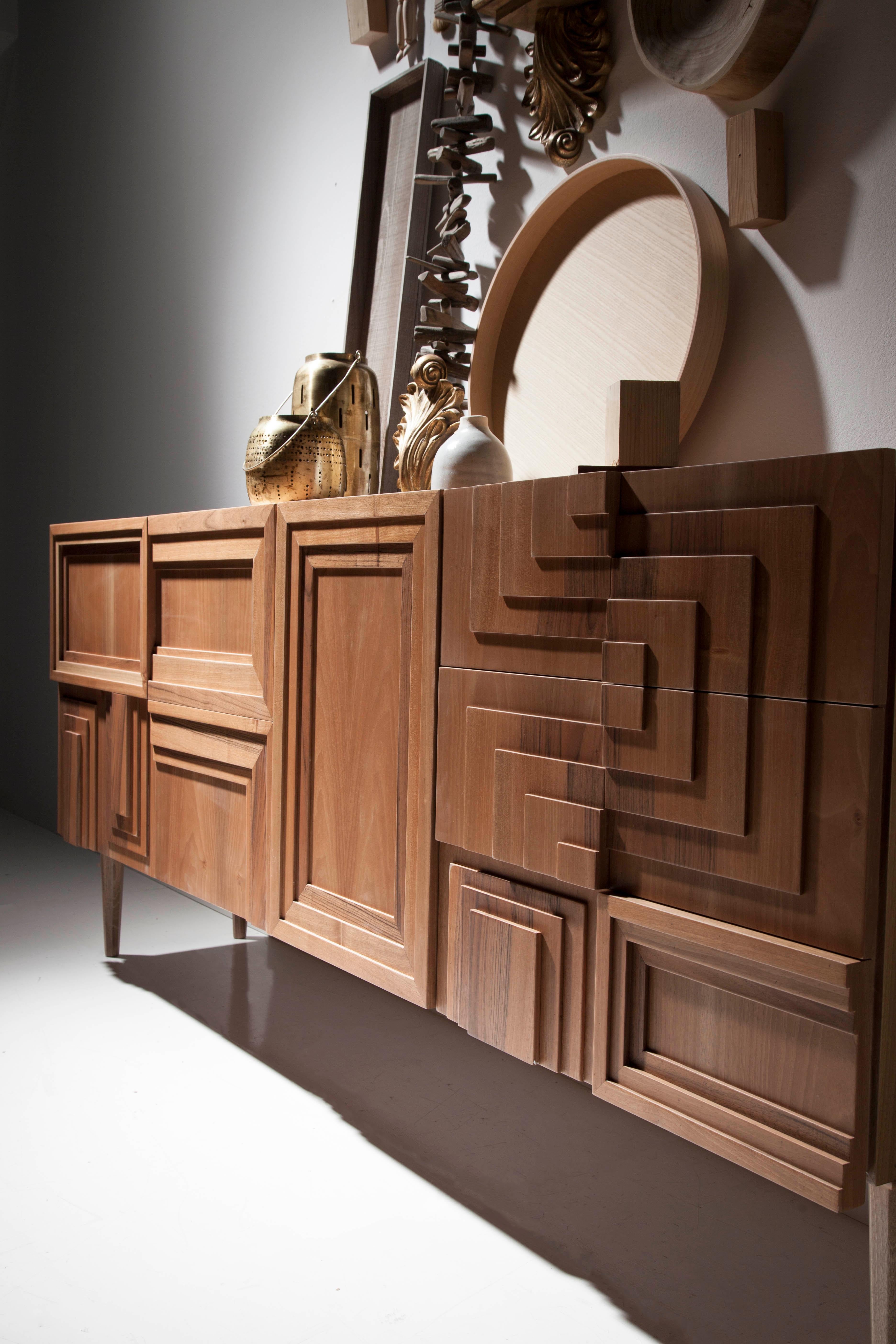 Totem Wood Sideboard, Three Doors and Three Drawers, by Lola Glamour For Sale 1