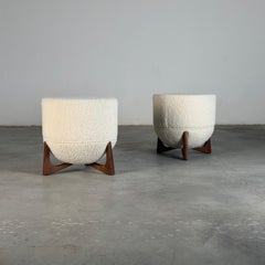 “TOTEMO” Architectural Stools by FORME in Ivory Dedar Milano Bouclé, Walnut Legs