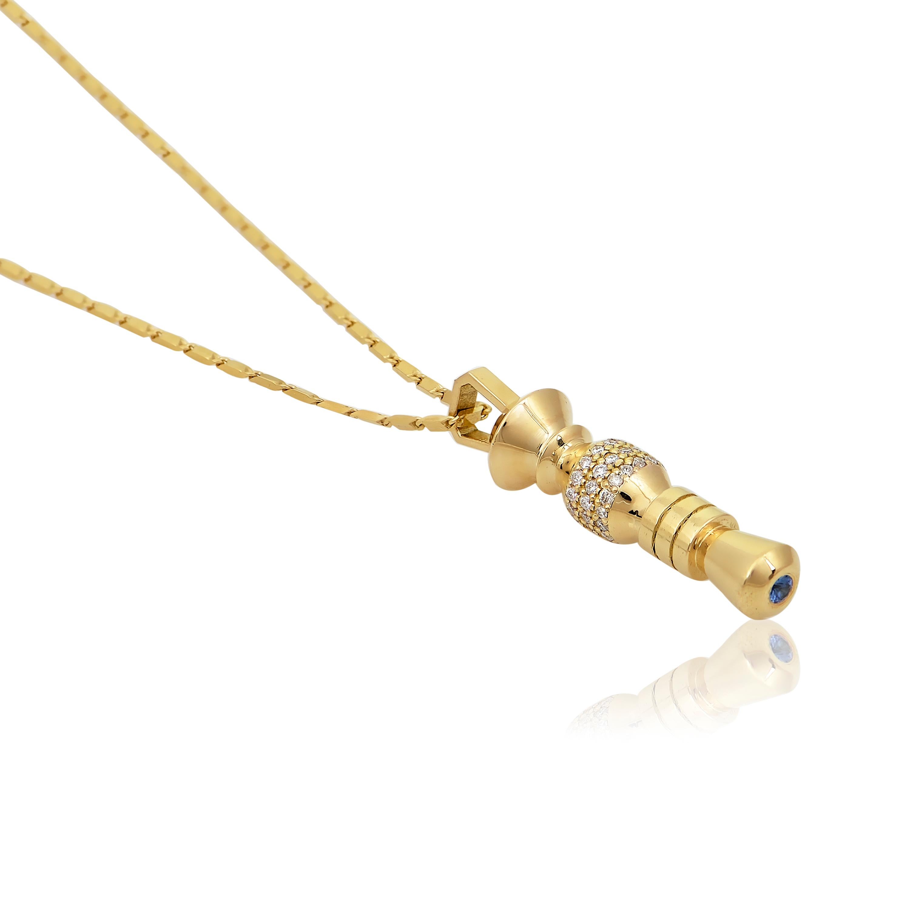 Designer: Alexia Gryllaki

Dimensions: motif 28x4mm, chain 500mm
Weight: approximately 8.1g  (inc. chain)
Barcode: NEX3002


Totem pendant in 18 karat yellow gold with round brilliant-cut diamonds approx. 0.19cts and a round faceted sapphire approx.