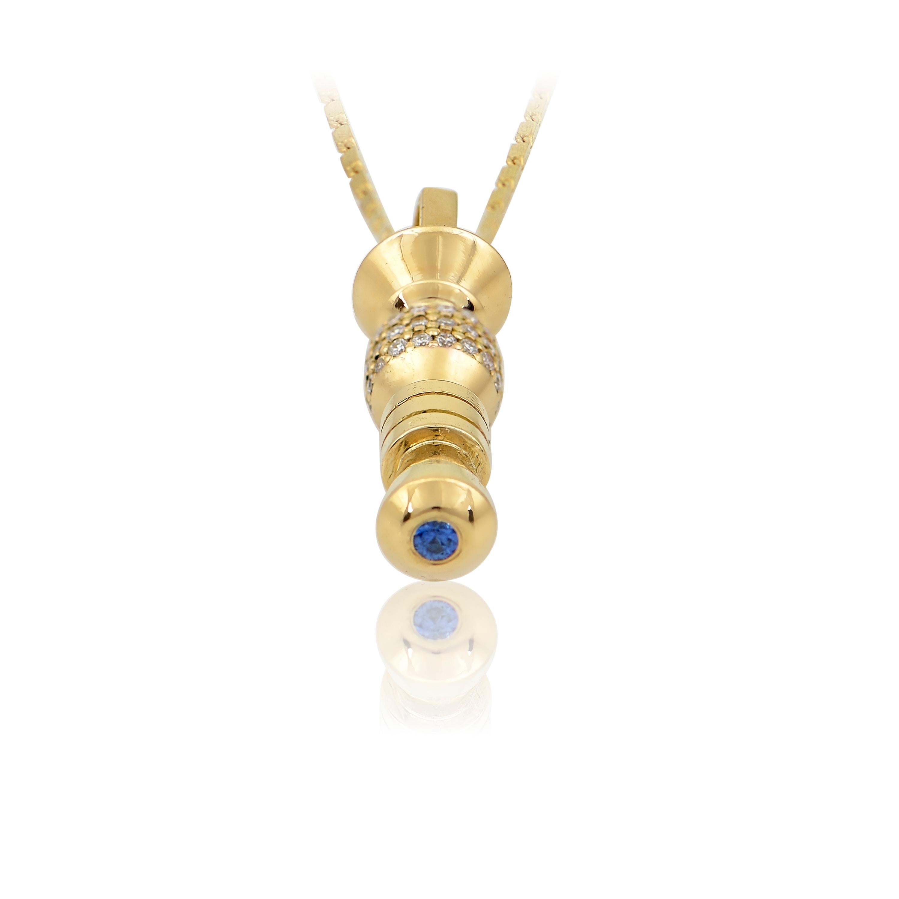 Contemporary Totem Pendant in 18 Karat Yellow Gold with Diamonds and A Sapphire For Sale