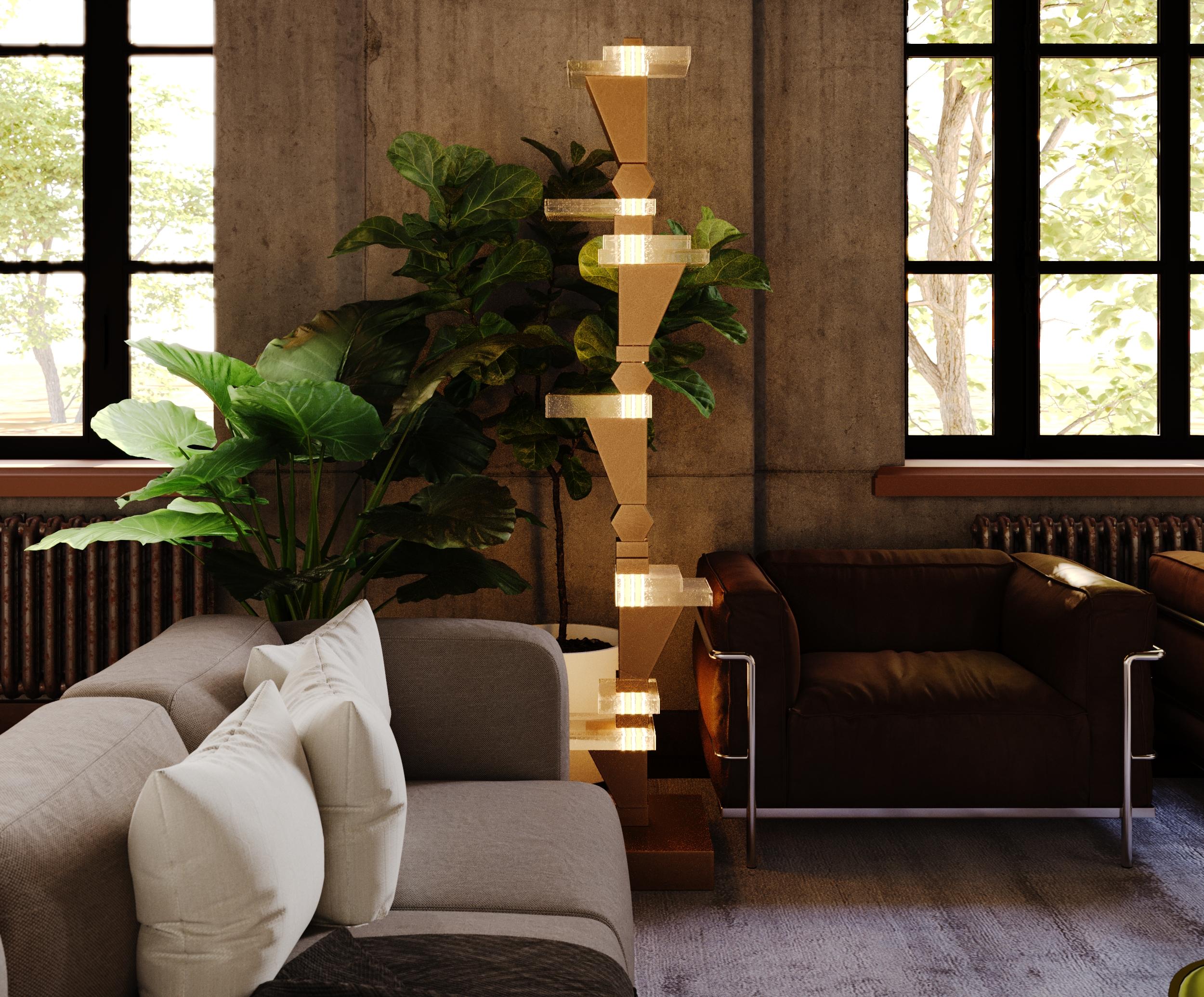 TOTO-tal drama! A striking stack of hand cast glass slabs and hand formed natural brass.

Models in the collection are individually hand-crafted by the skilled artisans in our studio. Custom versions tailored to a specific setting are available by