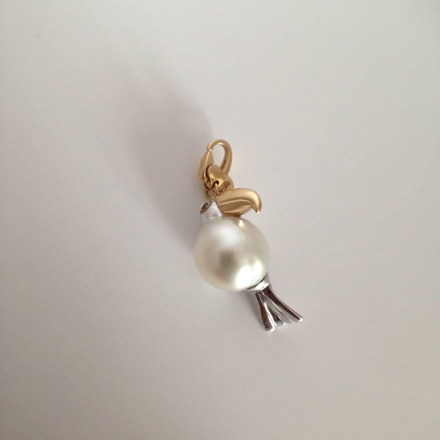 Contemporary Toucan Black Diamond White and Yellow 18Kt Gold Pearl Charm or Pendant Necklace
