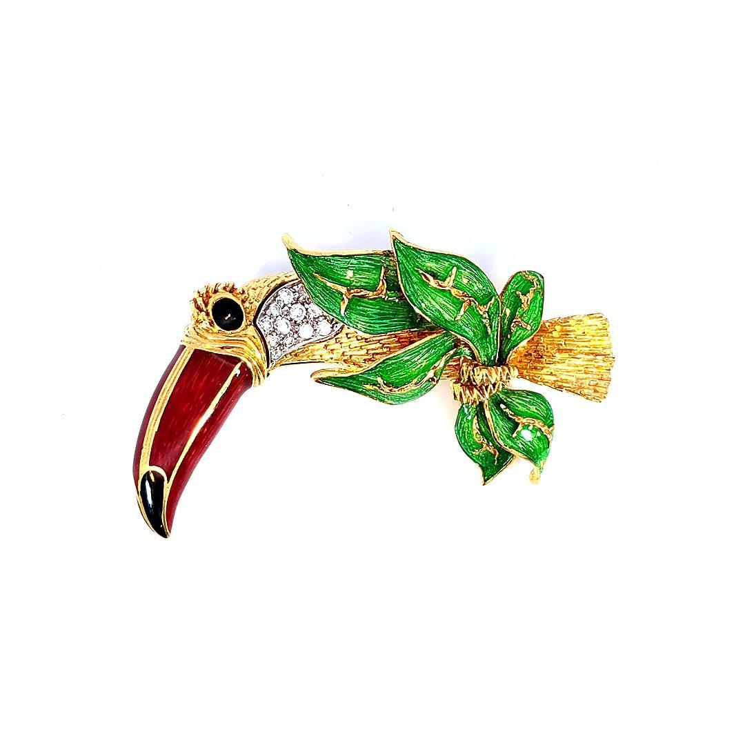 Introducing our Toucan Pin, a playful and exquisite accessory that adds a touch of whimsy to your jewelry collection. This charming pin features an estimated diamond weight of 0.60 carats, intricately set in a stunning depiction of a toucan crafted