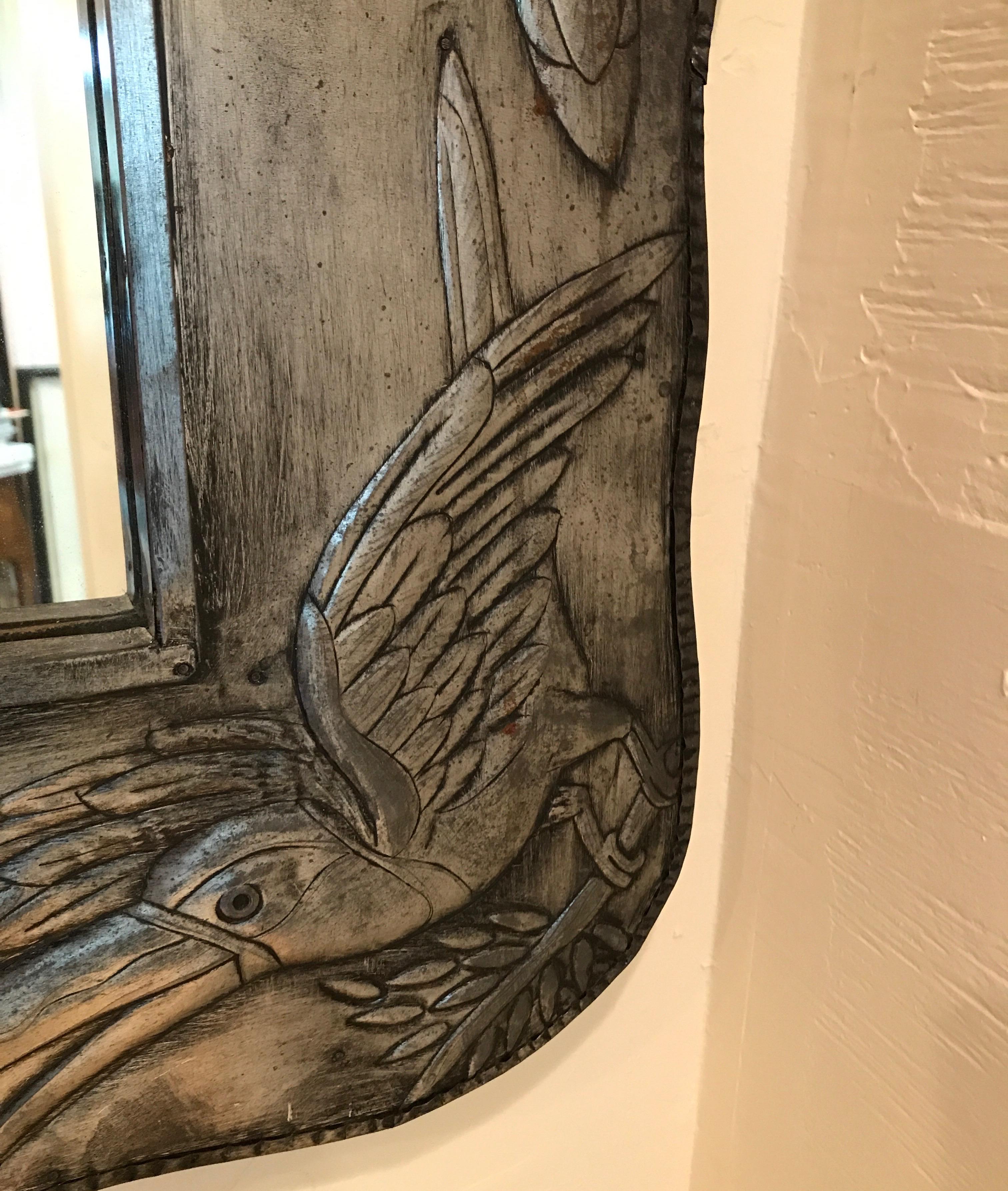 Toucan Embossed Metal Framed Mirror In Good Condition For Sale In West Palm Beach, FL