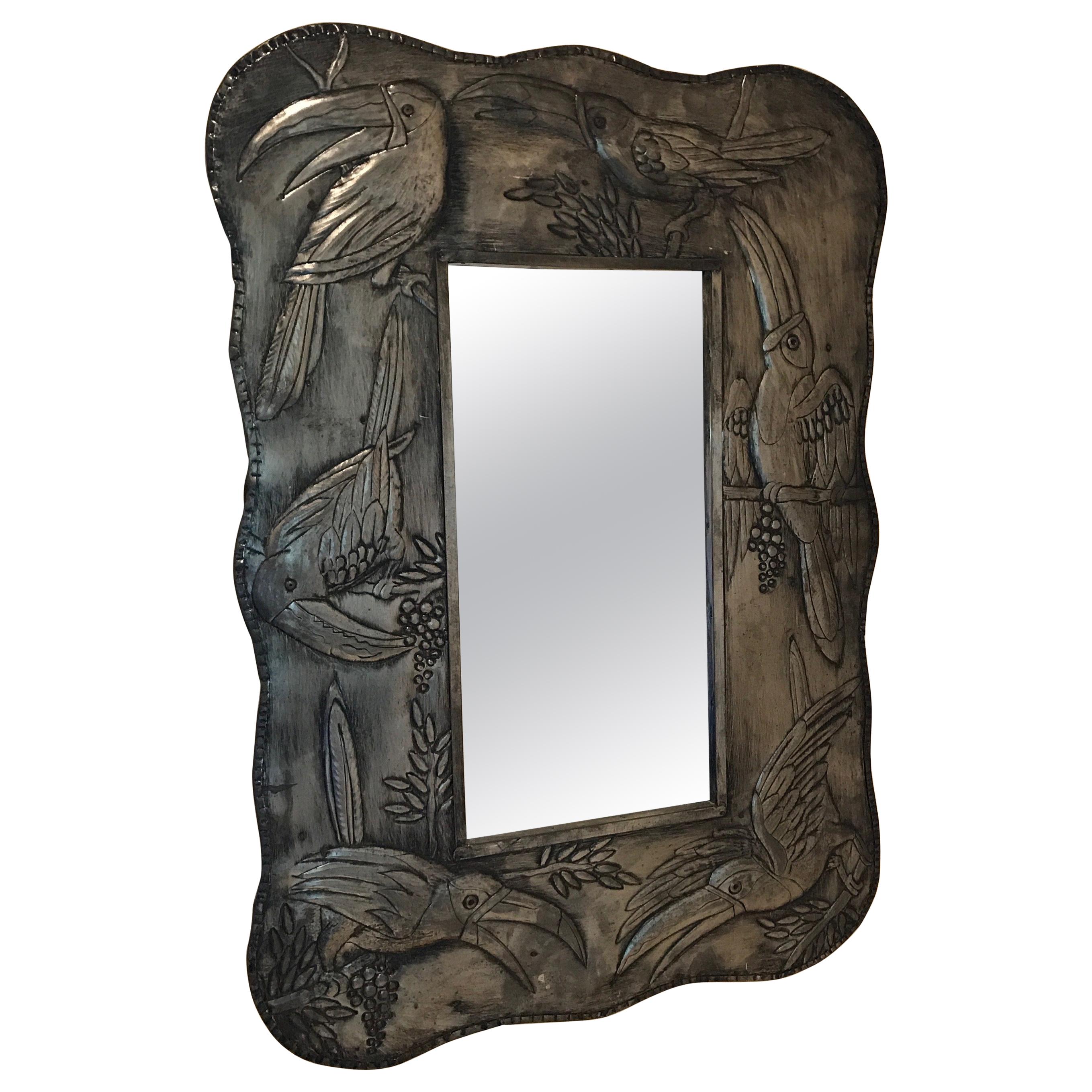 Toucan Embossed Metal Framed Mirror For Sale