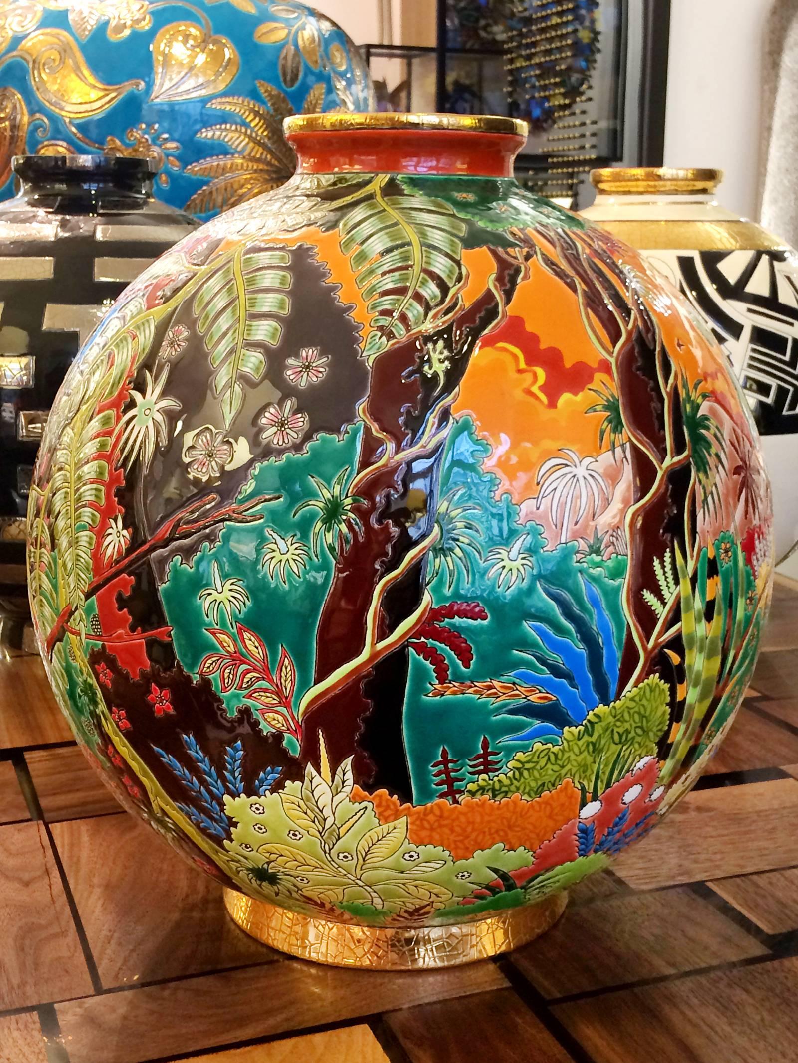 Toucan Vase Emaux de Longwy Limited Edition In Excellent Condition In Paris, FR