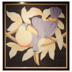 Toucans in Black and Lilac Hand-Signed 1980s Aquarelle on Silk, France