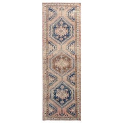 Touch of Blue Old and Worn Down Persian Heriz Runner Hand Knotted Oriental Rug