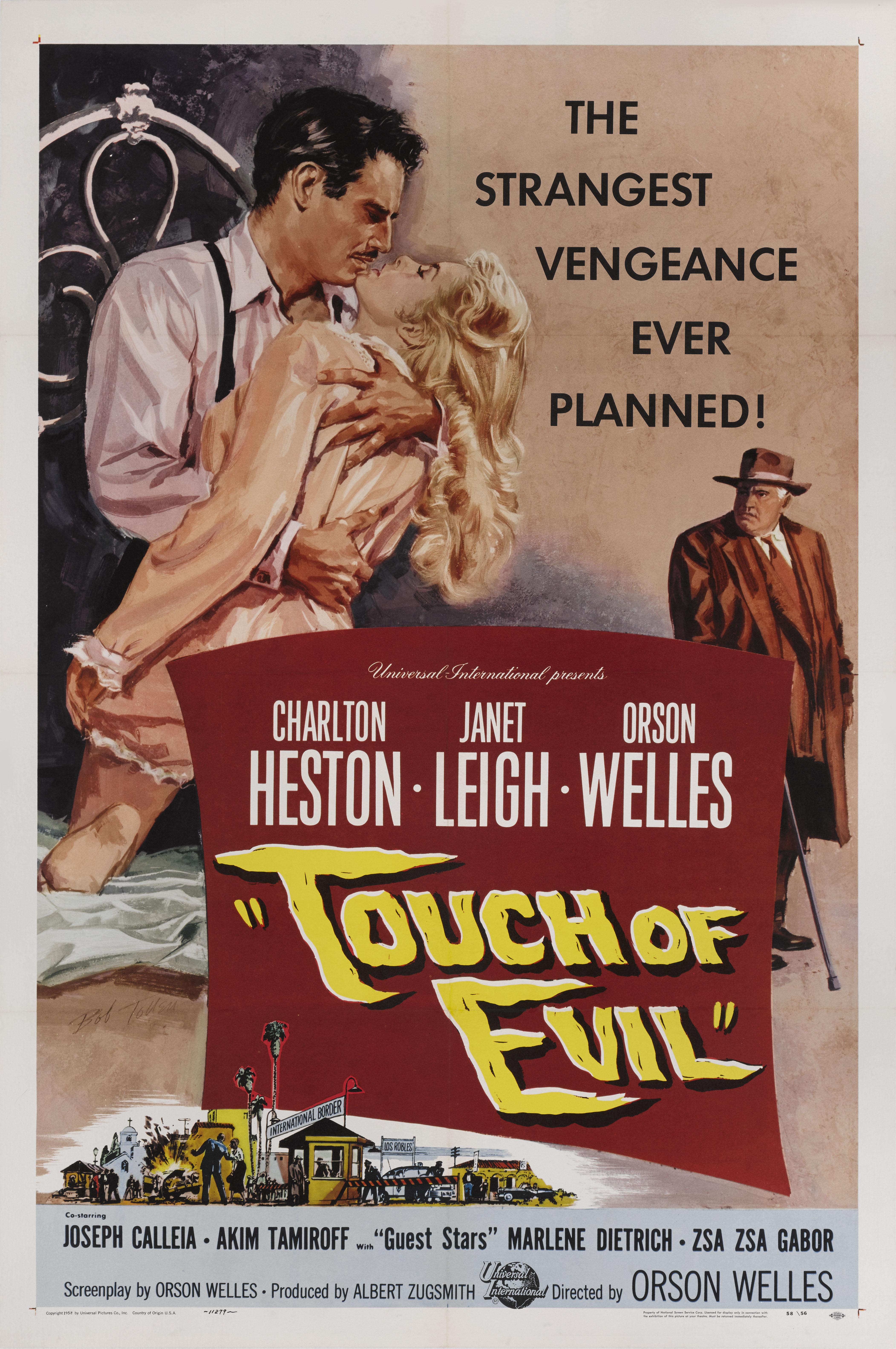 Cartel original estadounidense de la película de cine negro de 1958 Touch of Evil.
Este cartel se habría utilizado fuera del cine en el estreno original de la película.
Las ilustraciones son de Bob Tollen
Touch of Evil es uno de los últimos ejemplos