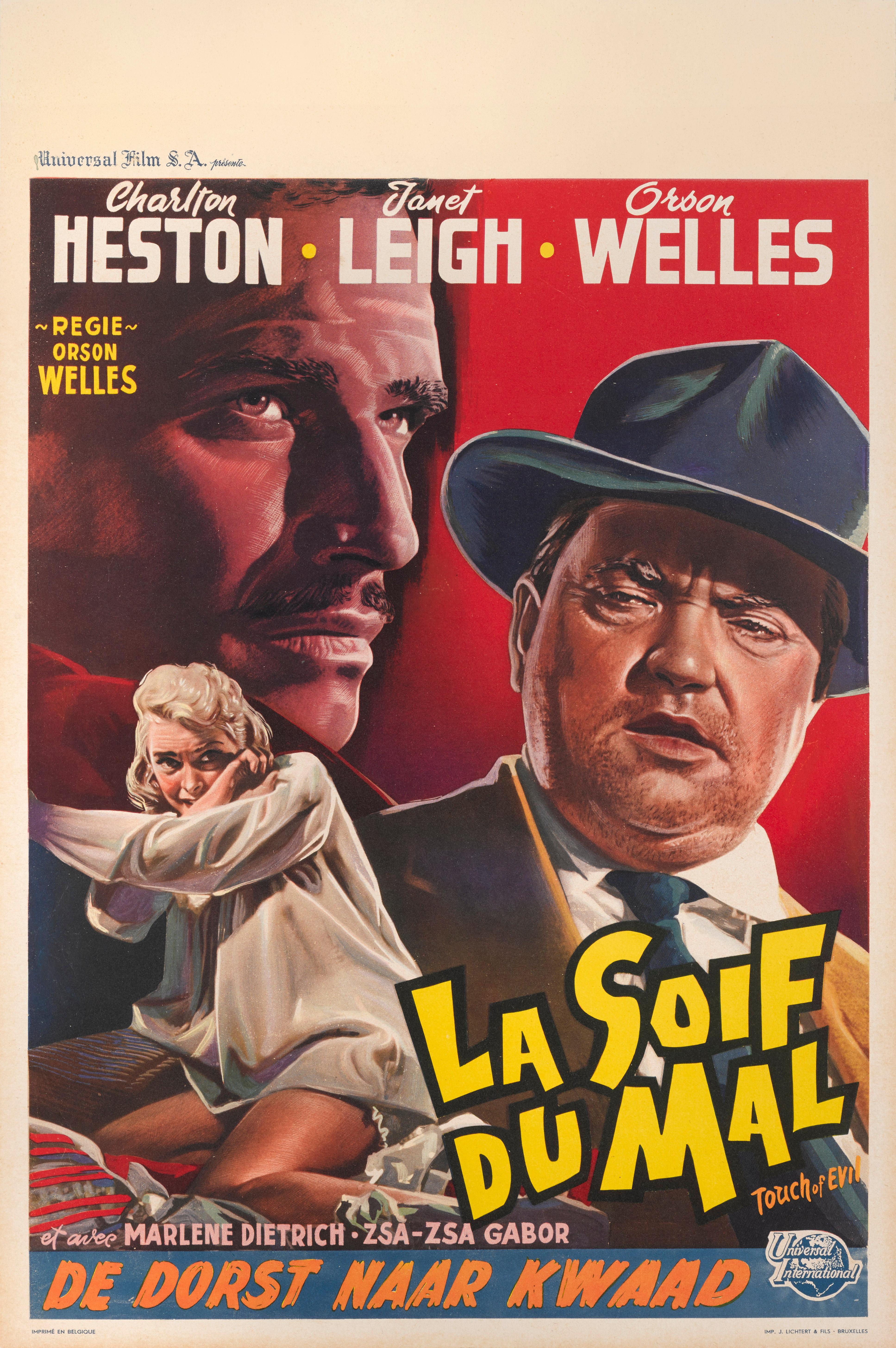 Affiche originale belge pour le film noir d'Orson Welles de 1958.
En plus de réaliser ce film, Orson Welles y joue le rôle principal aux côtés de Charlton Heston et Janet Leigh.
Ce poster est soutenu par une toile de conservation. Il serait expédié