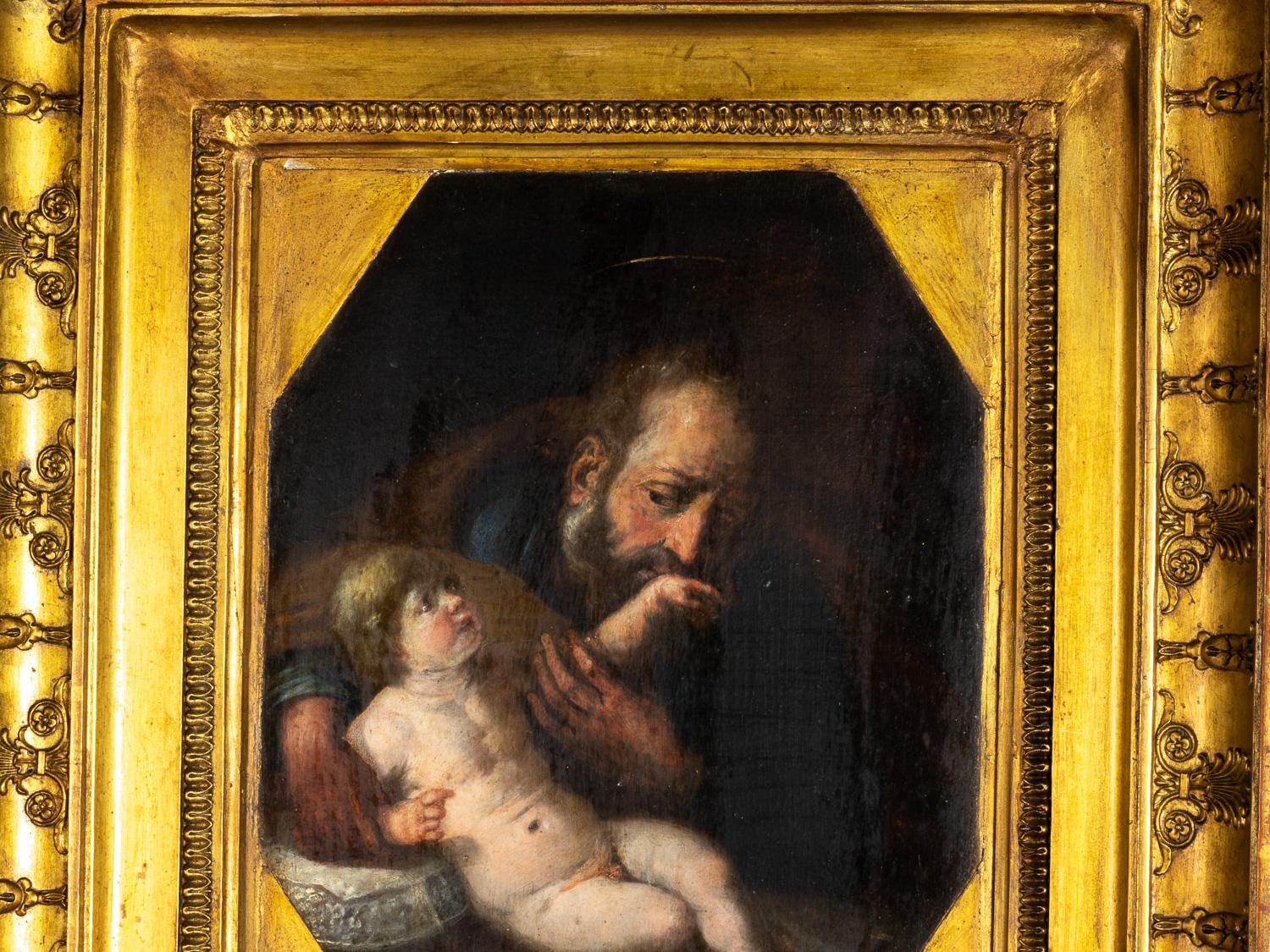 Intimate oil on wood Portrait of Saint Joseph and the Christ Child

This oil painting offers a unique glimpse into the Holy Family through the tender bond between Saint Joseph and the infant Jesus. Departing from traditional iconography, the artist