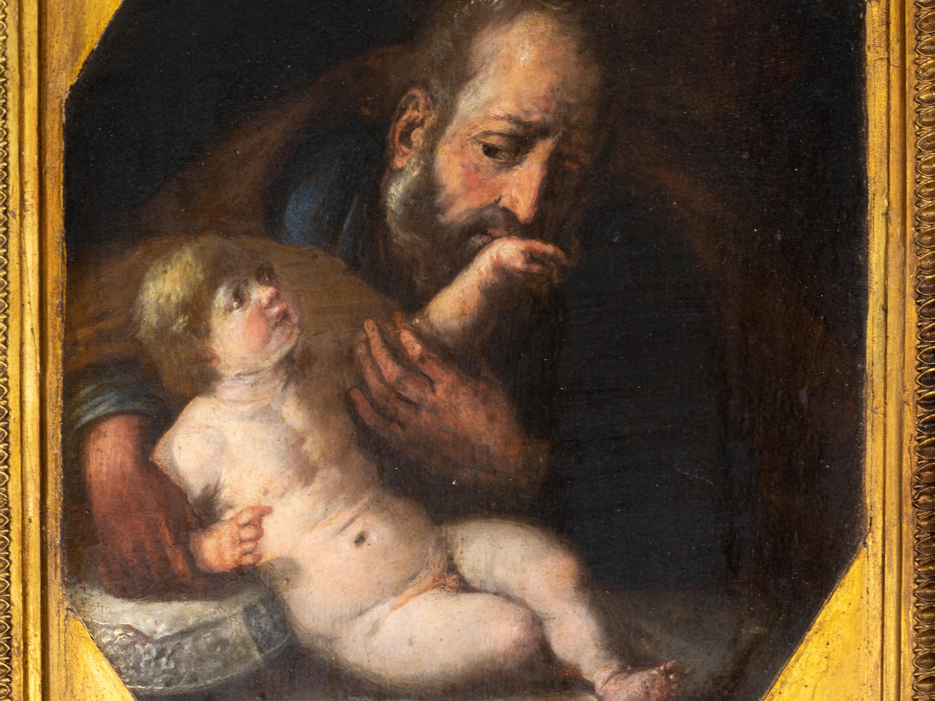 Italiano Touching Depiction of Fatherly Love, Painting Joseph and Child, 17th C, Baroque in vendita
